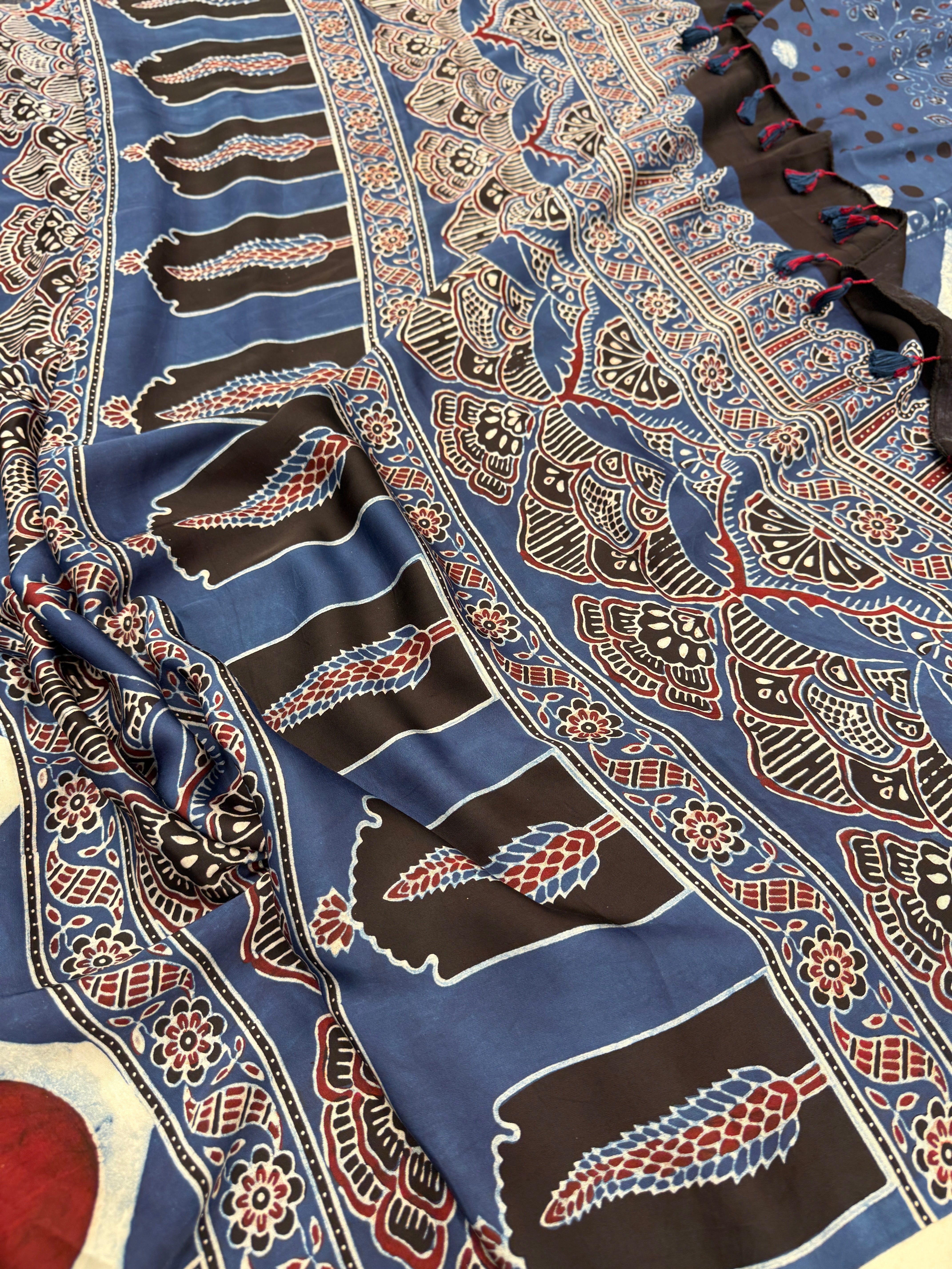 Blue Polka Dots Ajrakh Block Print Hand Pure Gajji Silk Saree