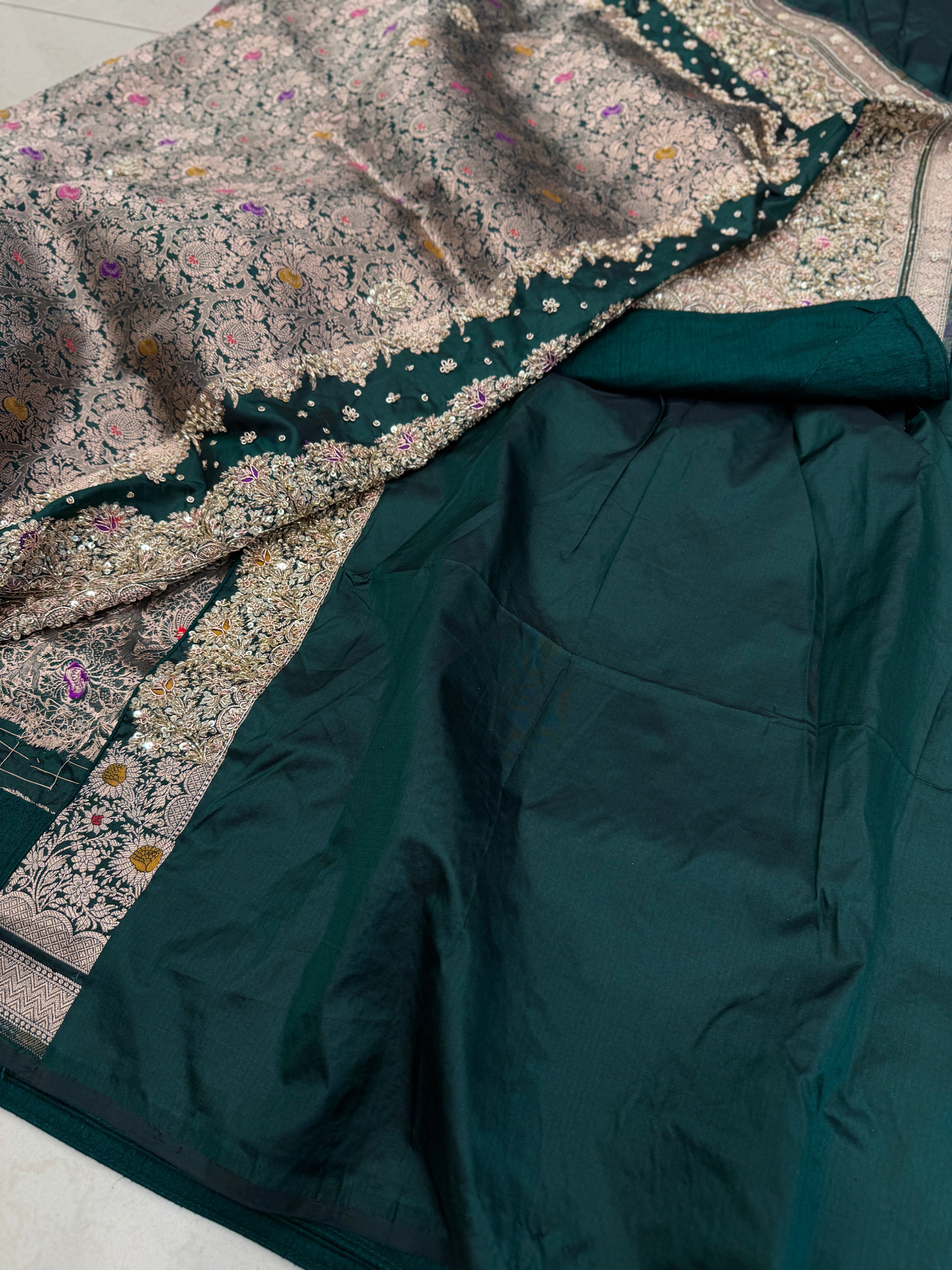 Bottle Green Meenakari Double Border Handloom Banarasi Pure Katan Zardosi Embroidery Saree