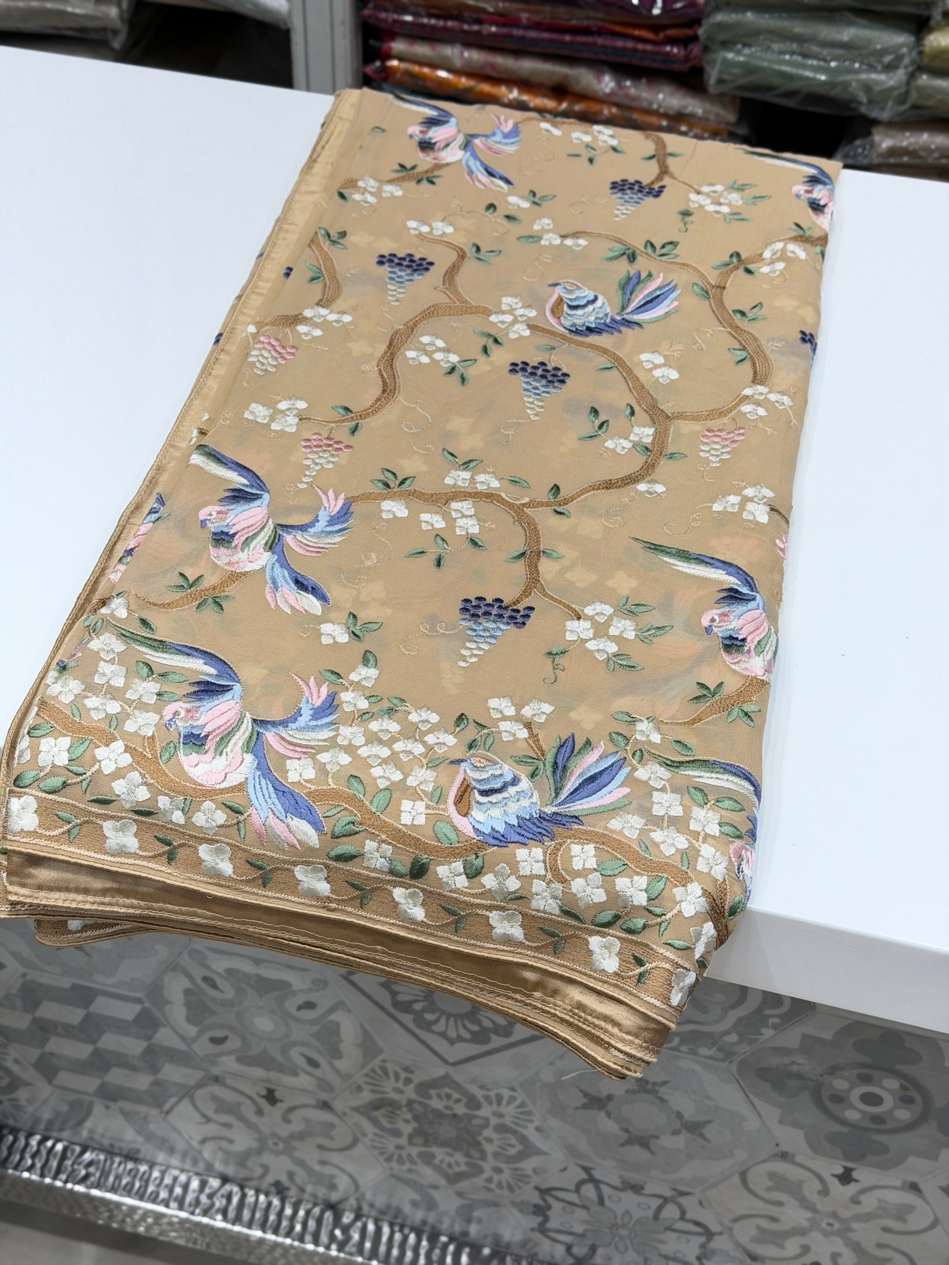 Beige Georgette Chakla Chakli Embroidery Parsi Gara Saree