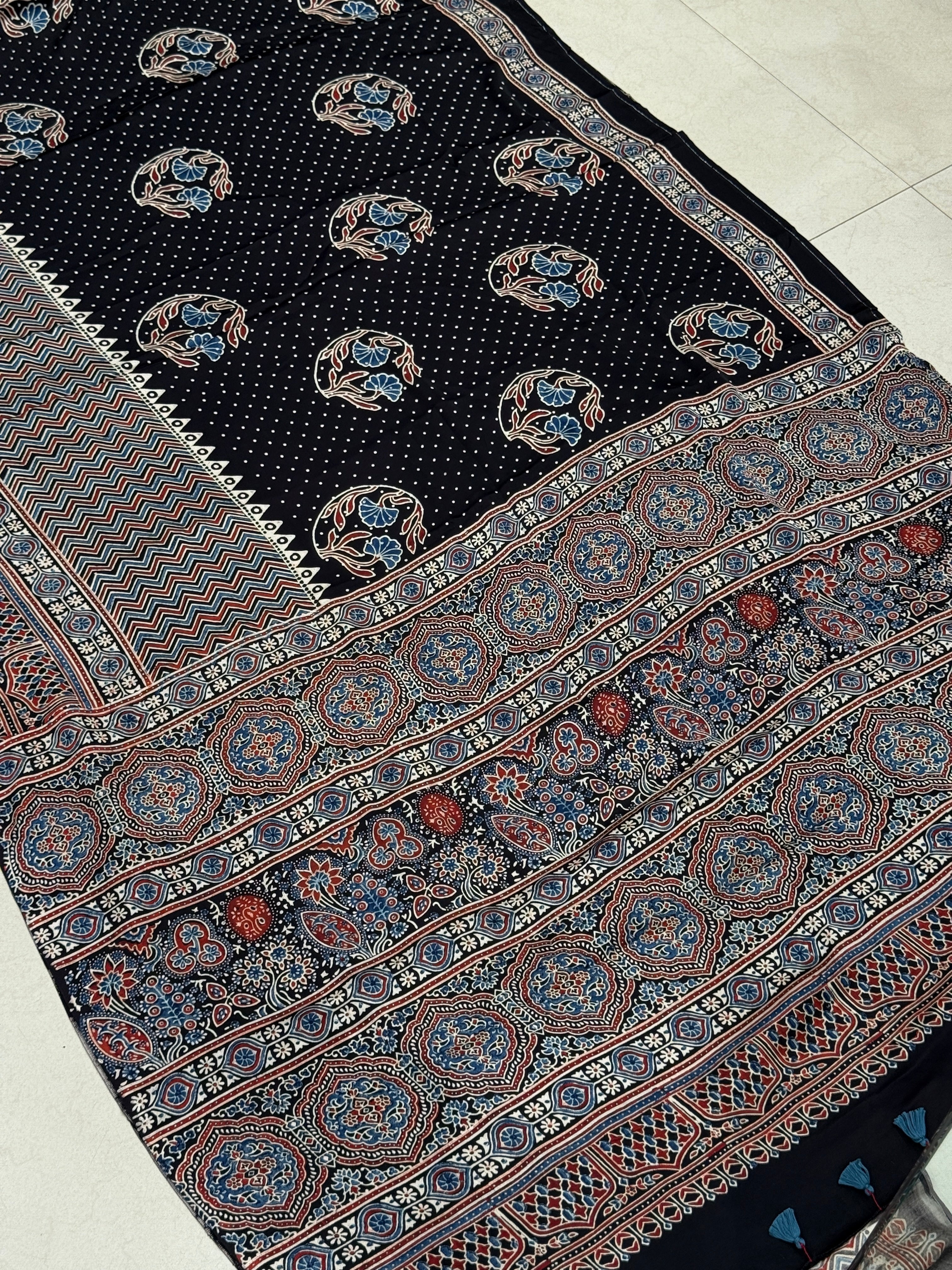 Black Half n Half Buttas Ajrakh Modal Gajji Silk Saree