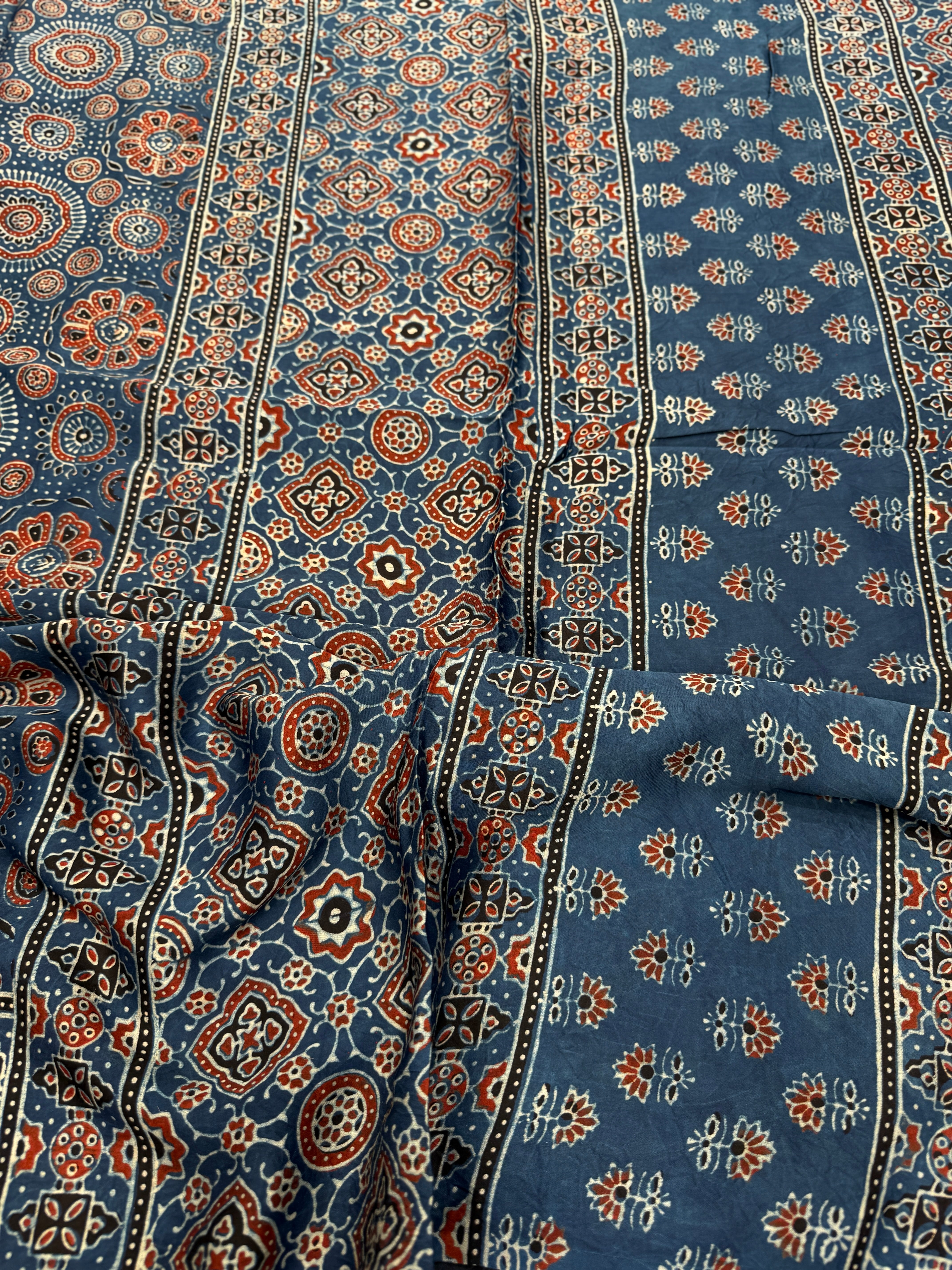 Blue Jewelled Jaal Ajrakh Modal Gajji Silk Saree