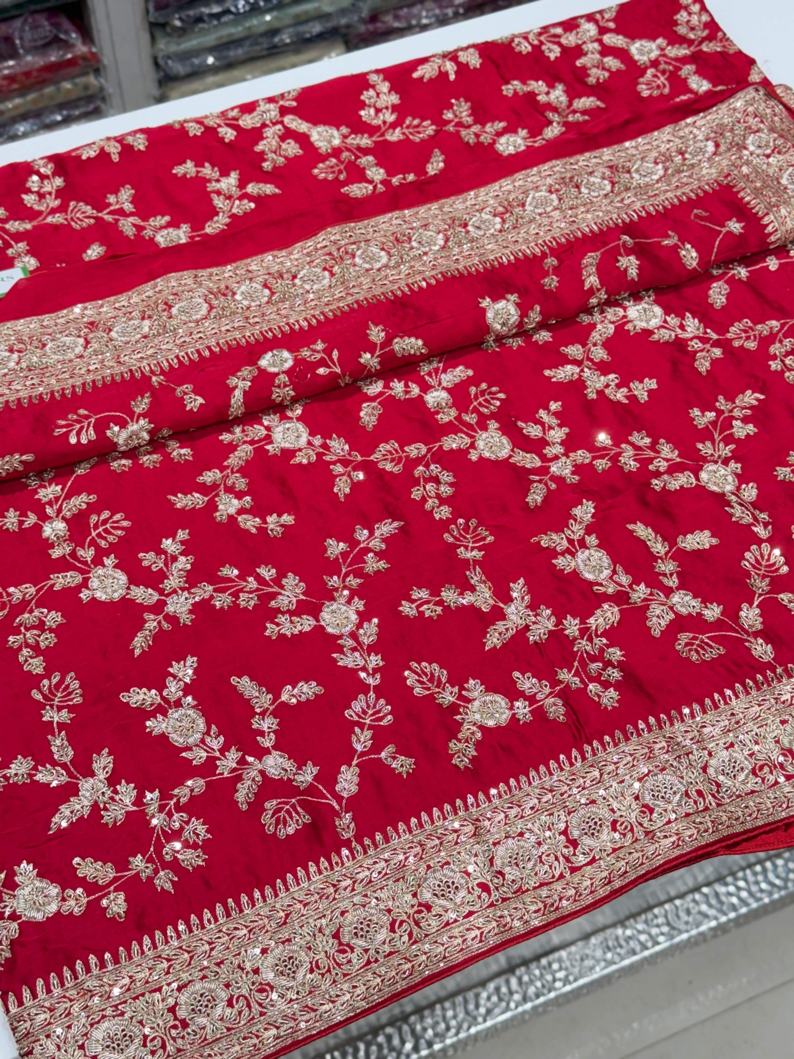Red Hand Embroidery Mughal Jaal Pure Satin Zardosi Embroidery