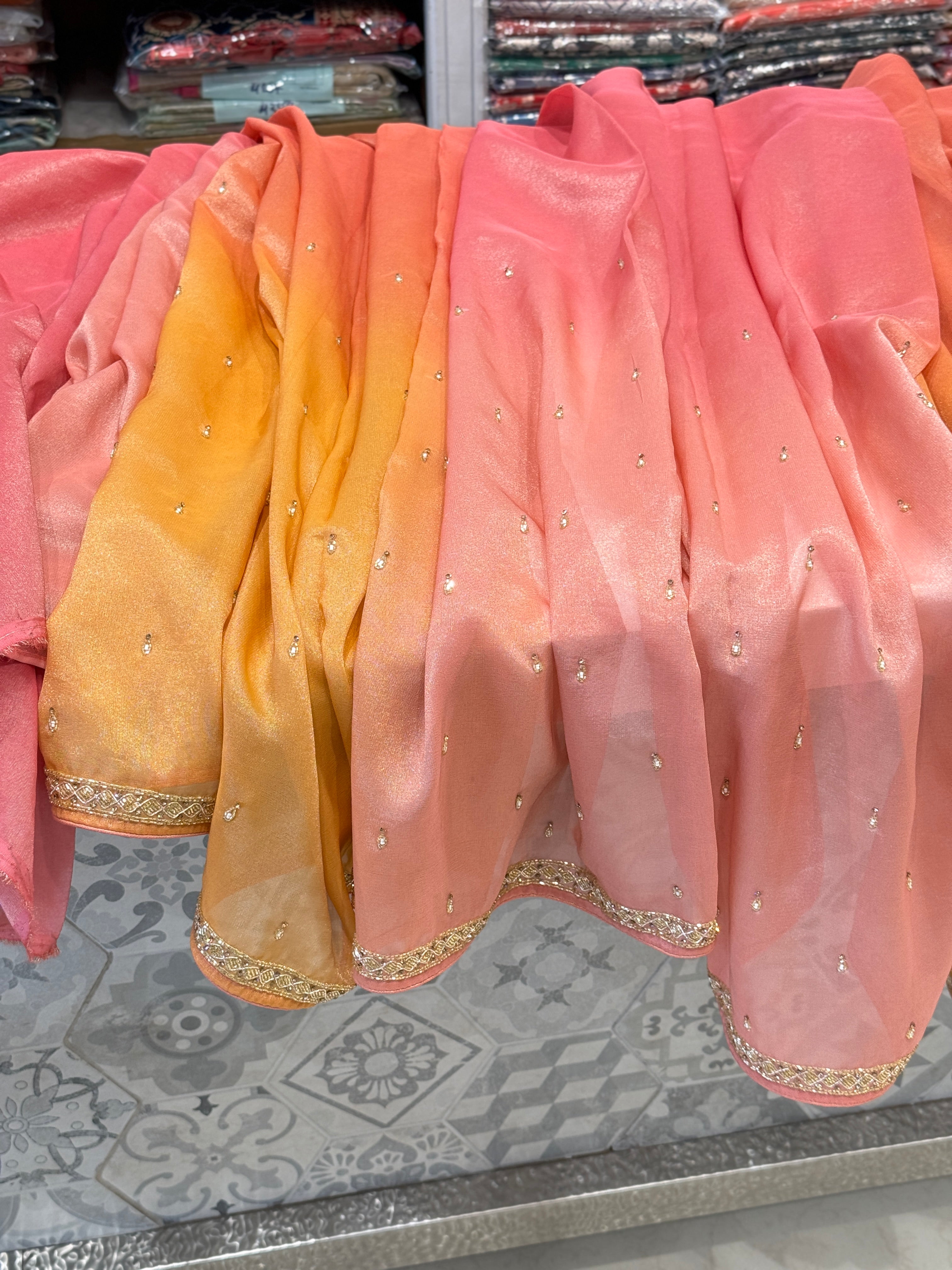 Shaded Tissue Crepe Butti Hand Embroidery Saree