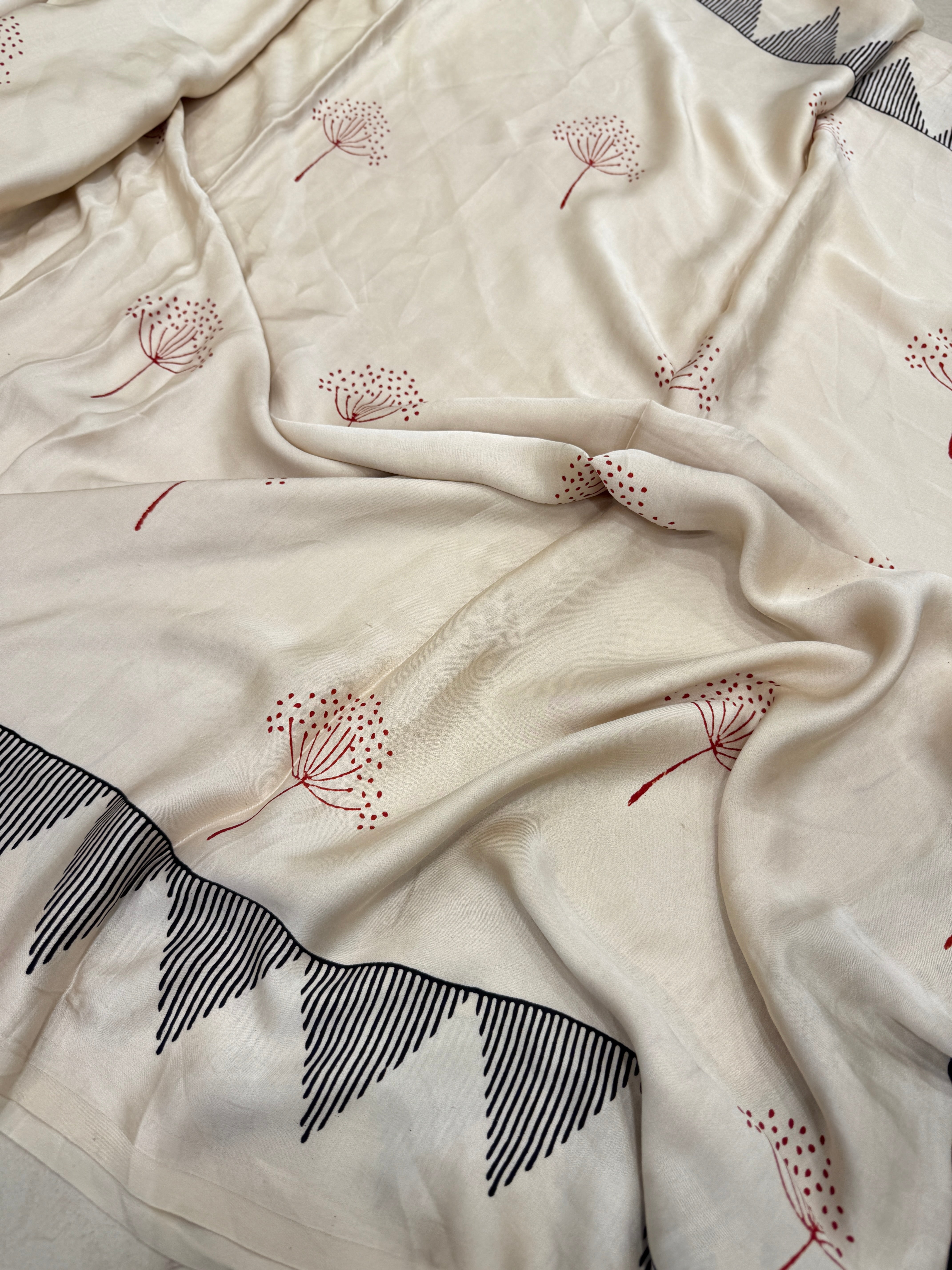 Off White Dandelion Buttis Hand Block Print Pure Gajji Silk Saree