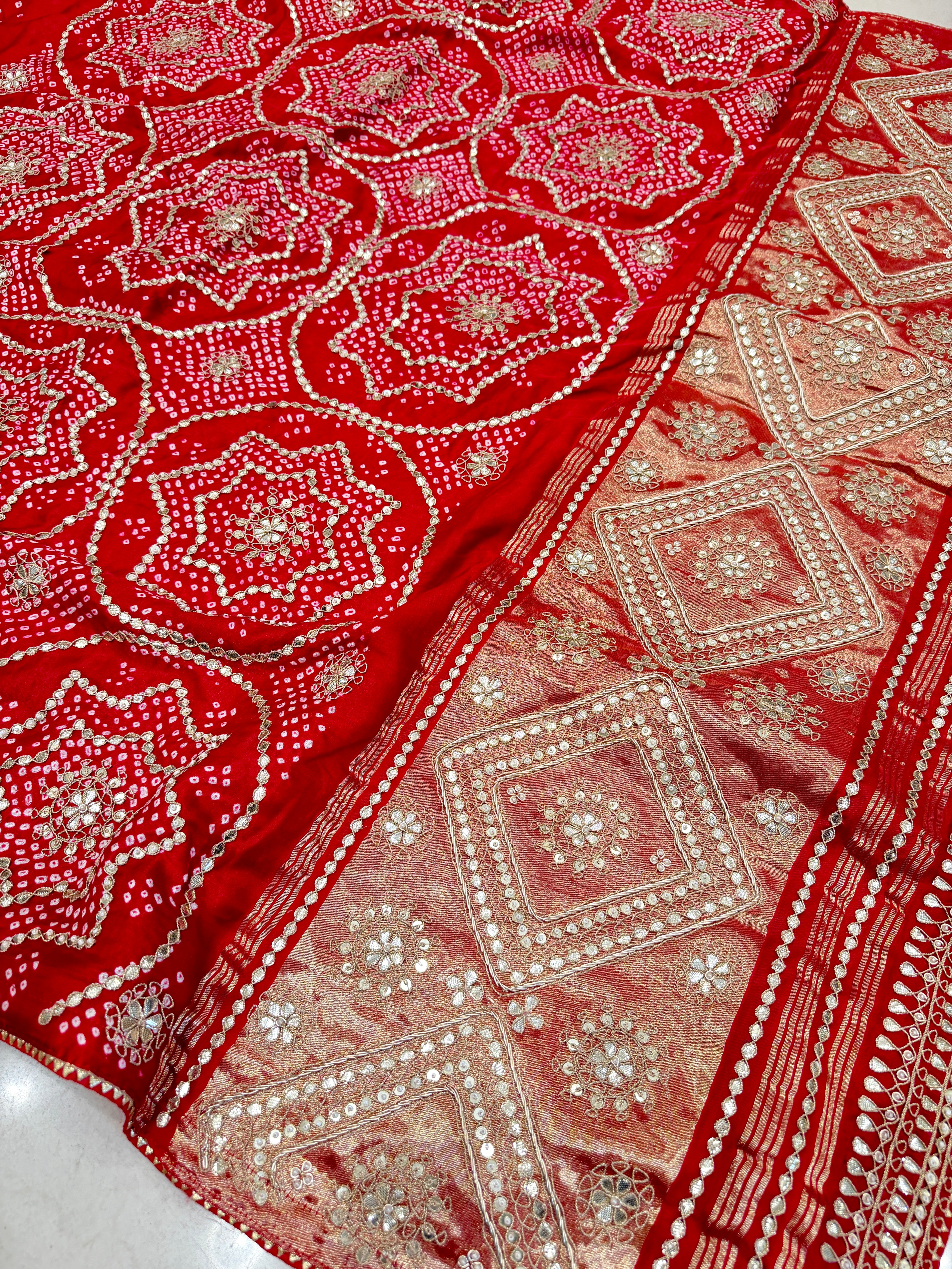 Red Gajji Silk Rai Bandhej Marodi Hand Embroidery Dabka Saree