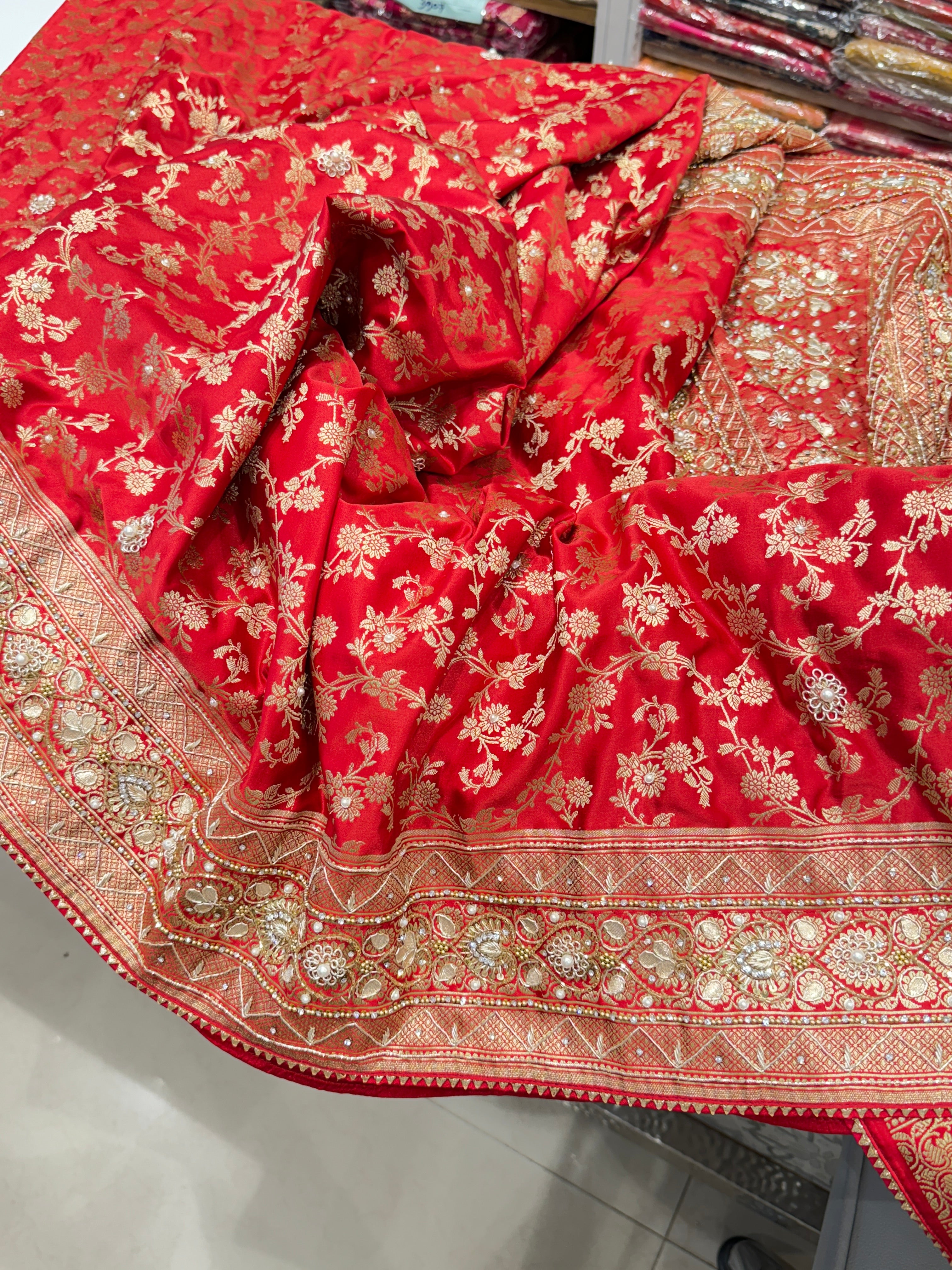 Red Banarasi Heart Border Hand Embroidery Saree