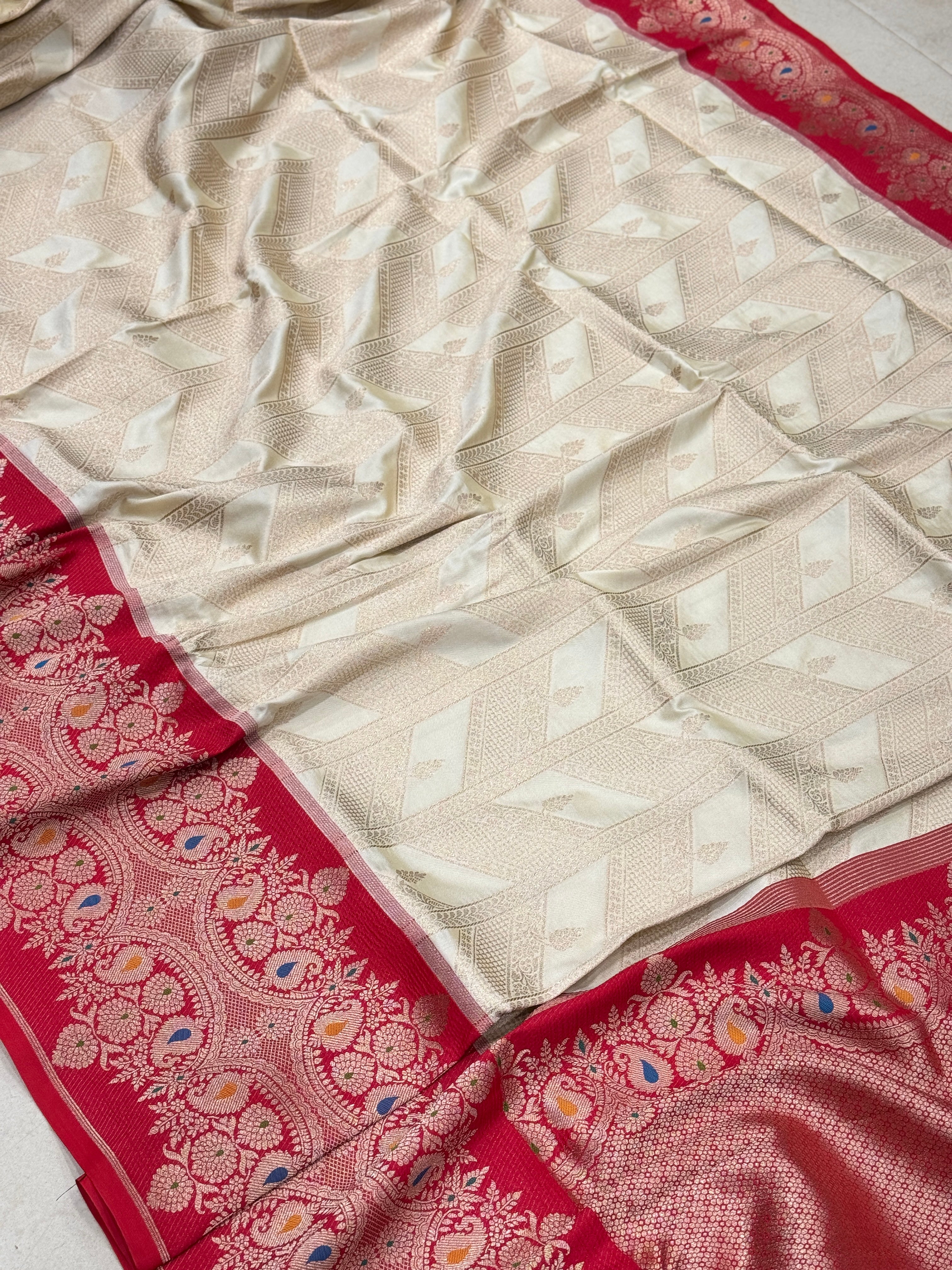 Off White Contemporary Red Border Banarasi Silk Saree
