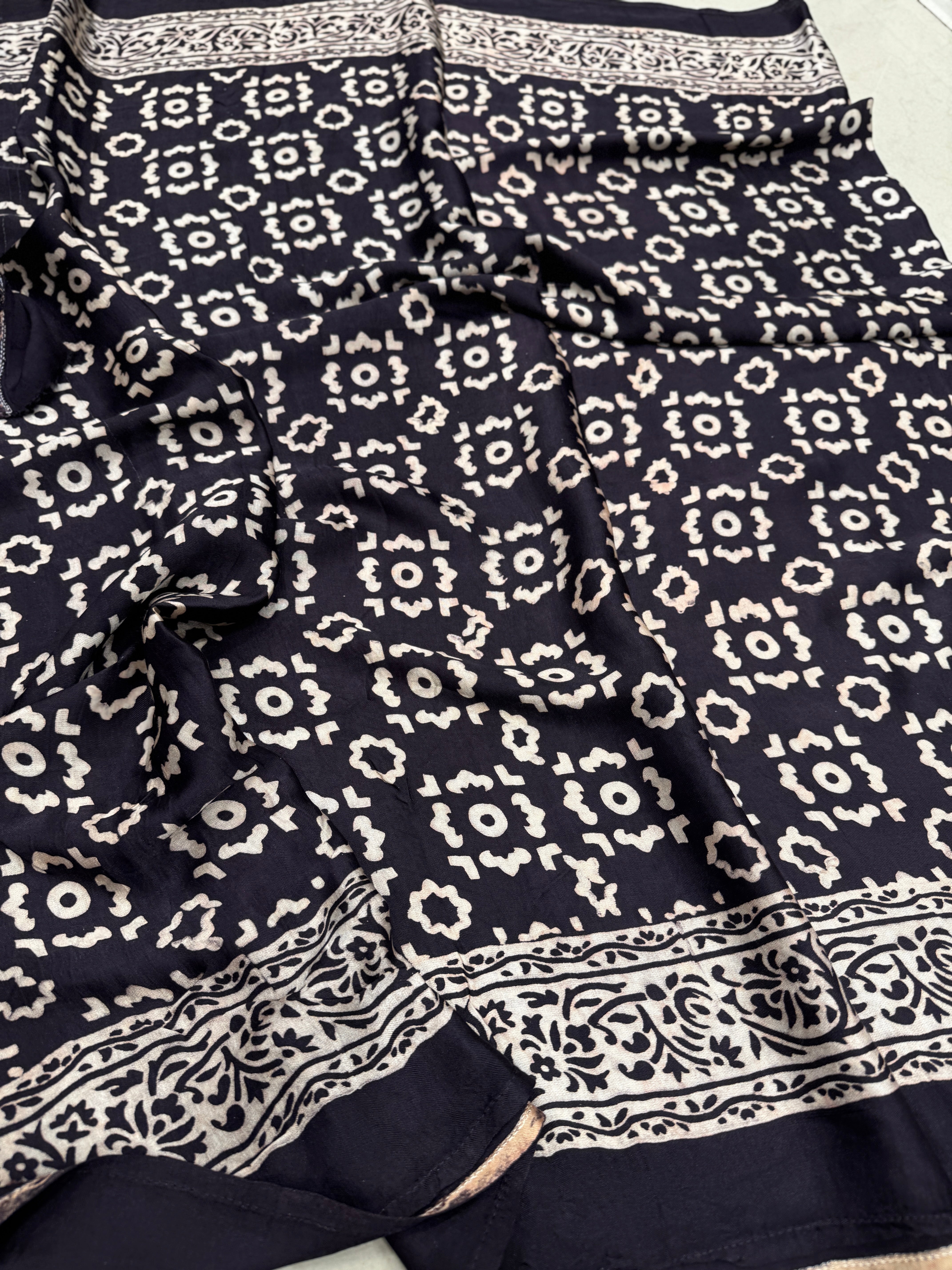 Black Multi Lagdi Patta Ajrakh Saree Modal Gajji Silk Hand Block Print