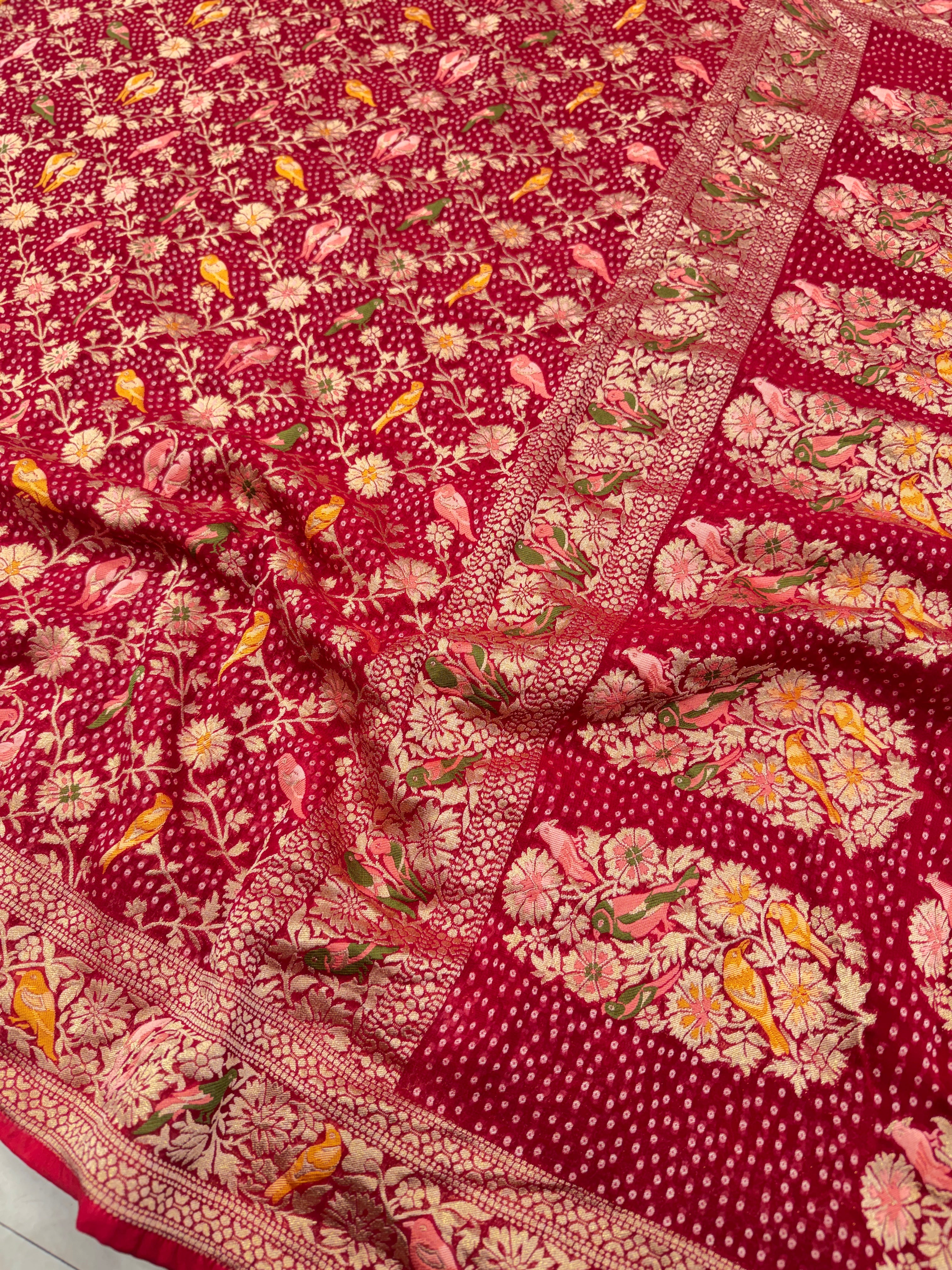 Red Woven Bandhej Meenakari Parrot Motif Saree