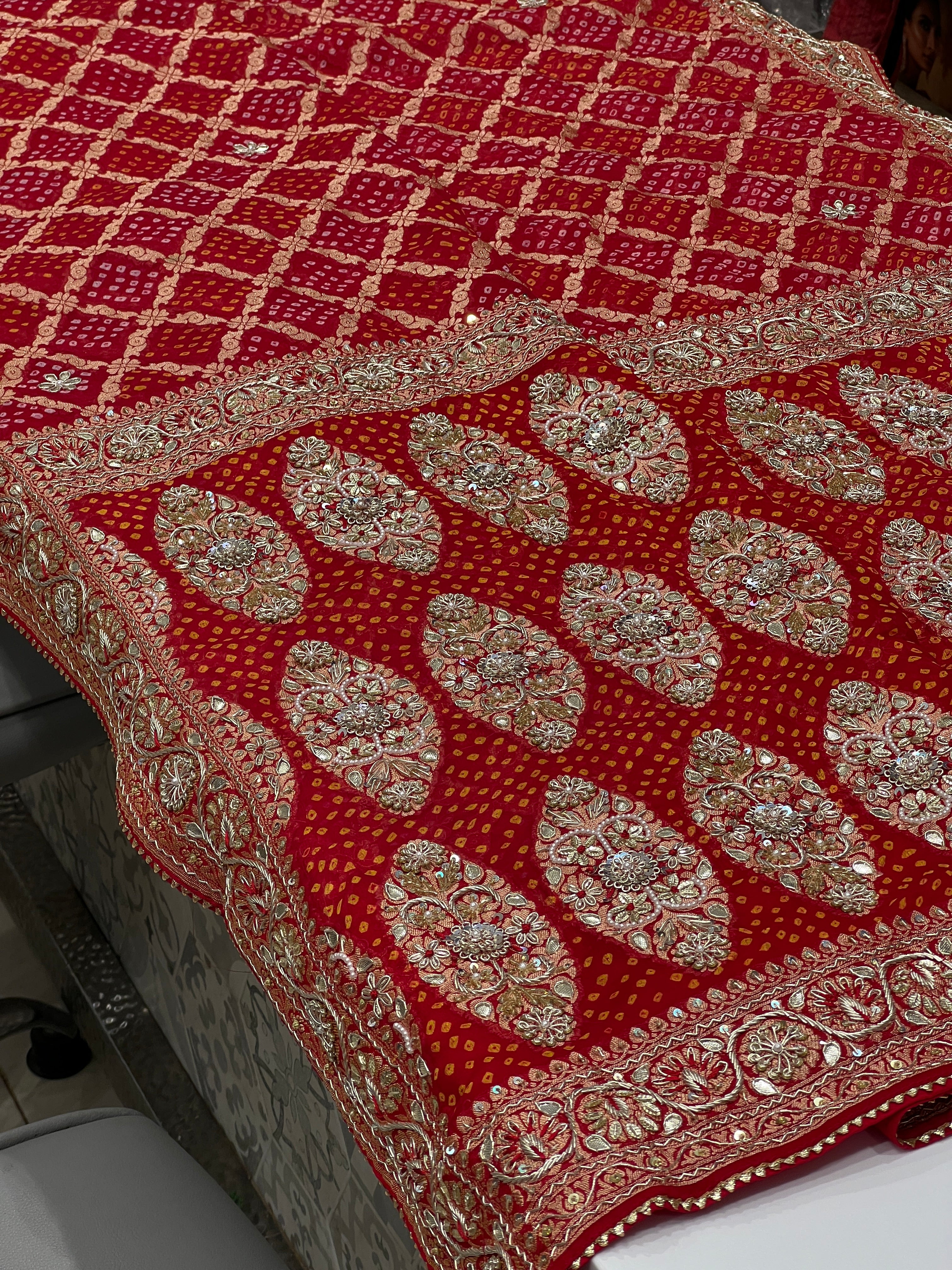 Red Bandhej Resham Zardozi Hand Embroidery Saree