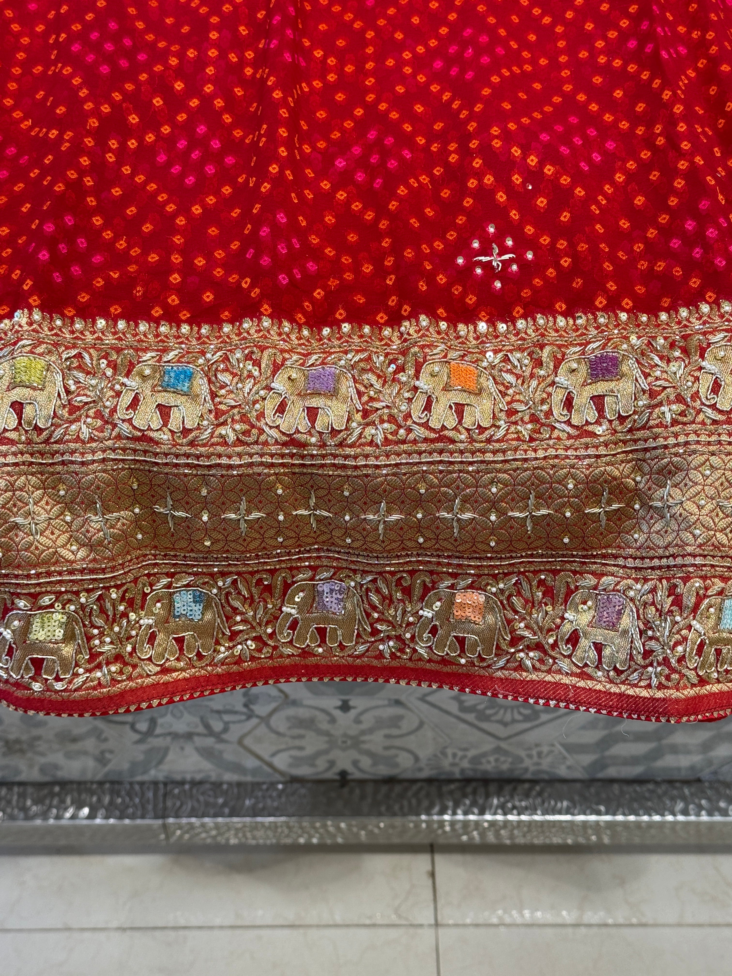 Red Bandhej Georgette Elephant Theme Hand Embroidery Saree