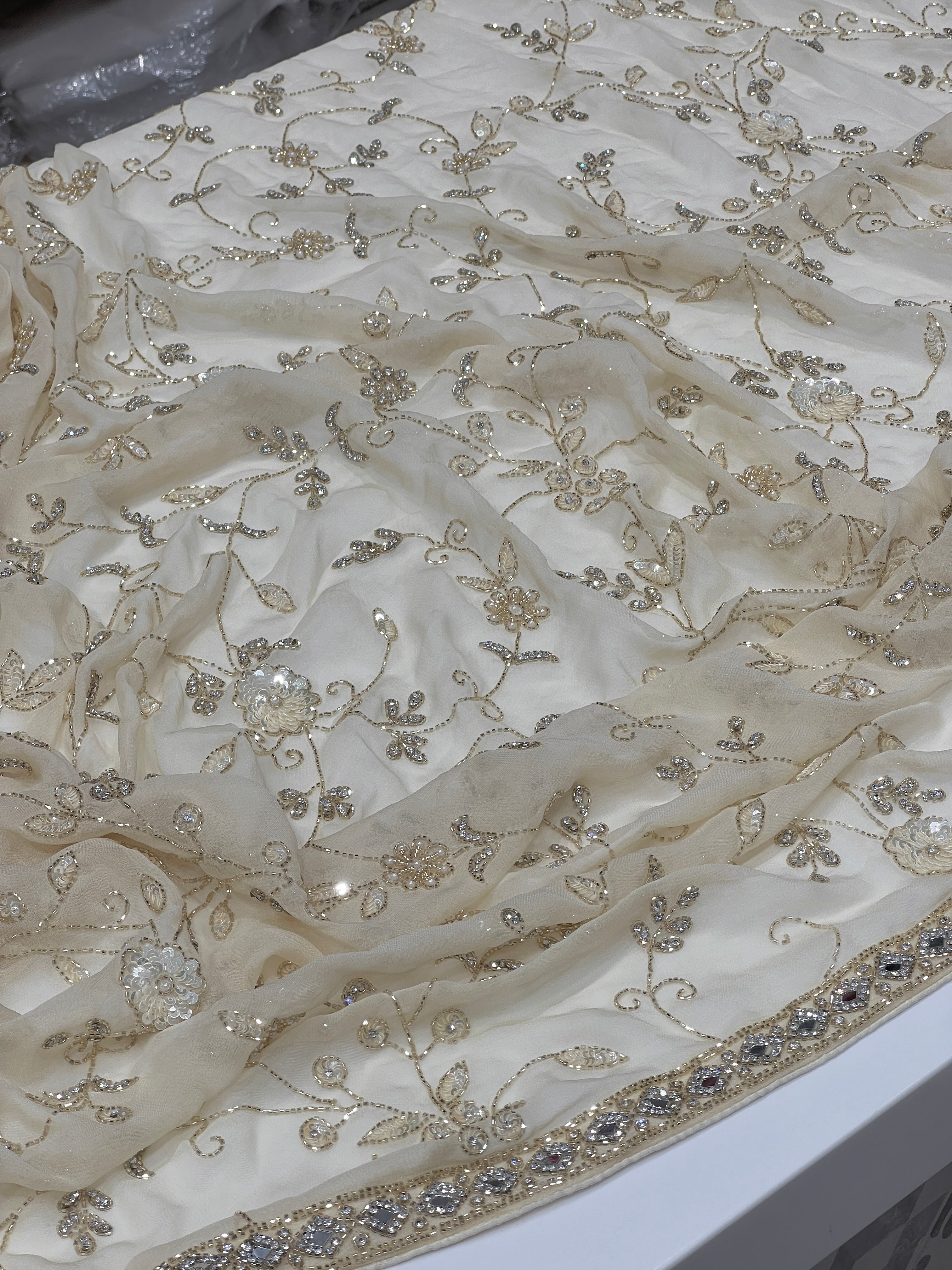 Beige Georgette Chiffon Jaal Hand Embroidery Saree