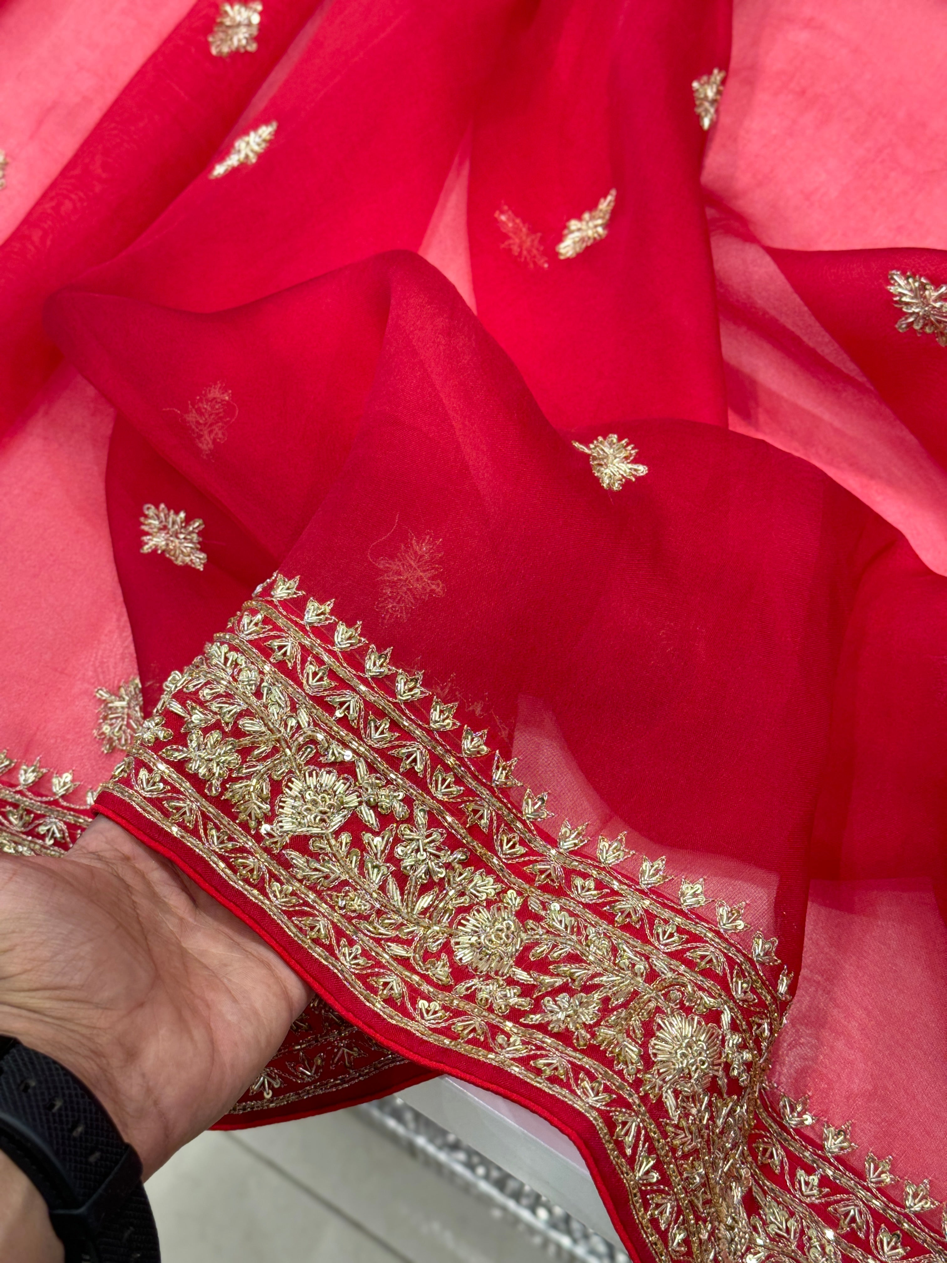 Red Pure Organza Zardosi Embroidery Saree