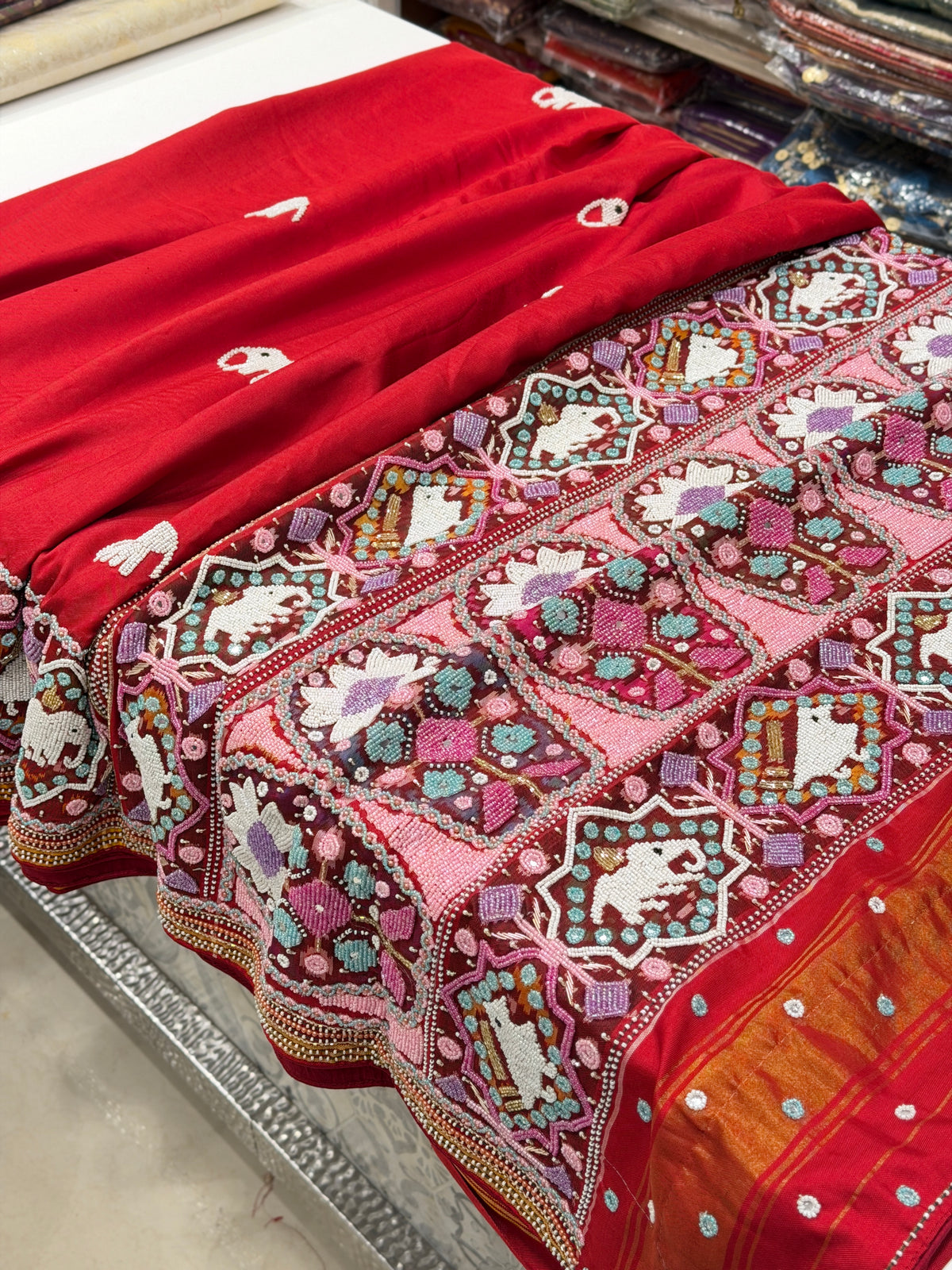 Red Pure Silk Patan Patola Hand Embroidery Kidiya Moti Saree