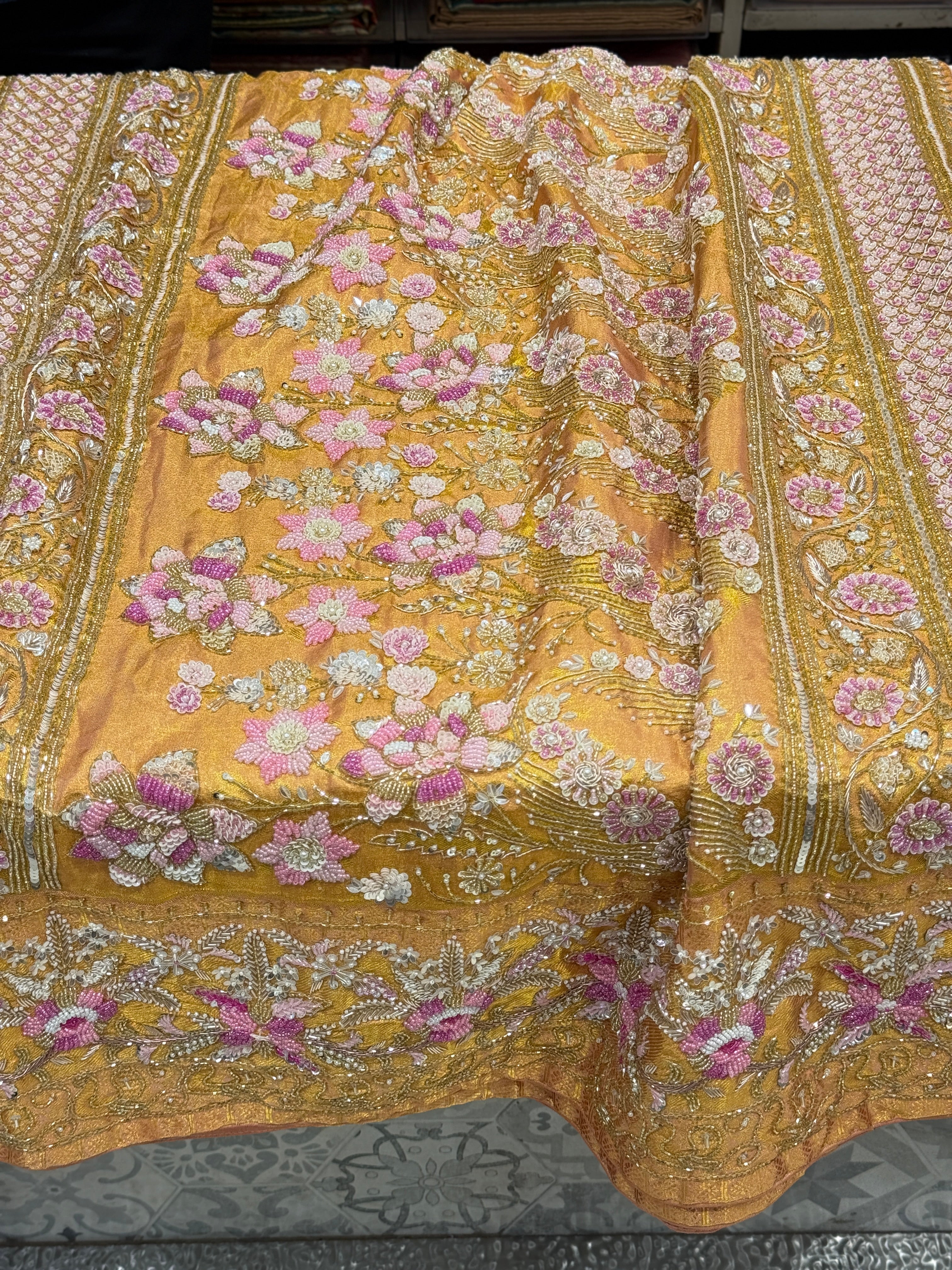Gold Tissue Kanjivaram Rangkat Hand Embroidery Saree