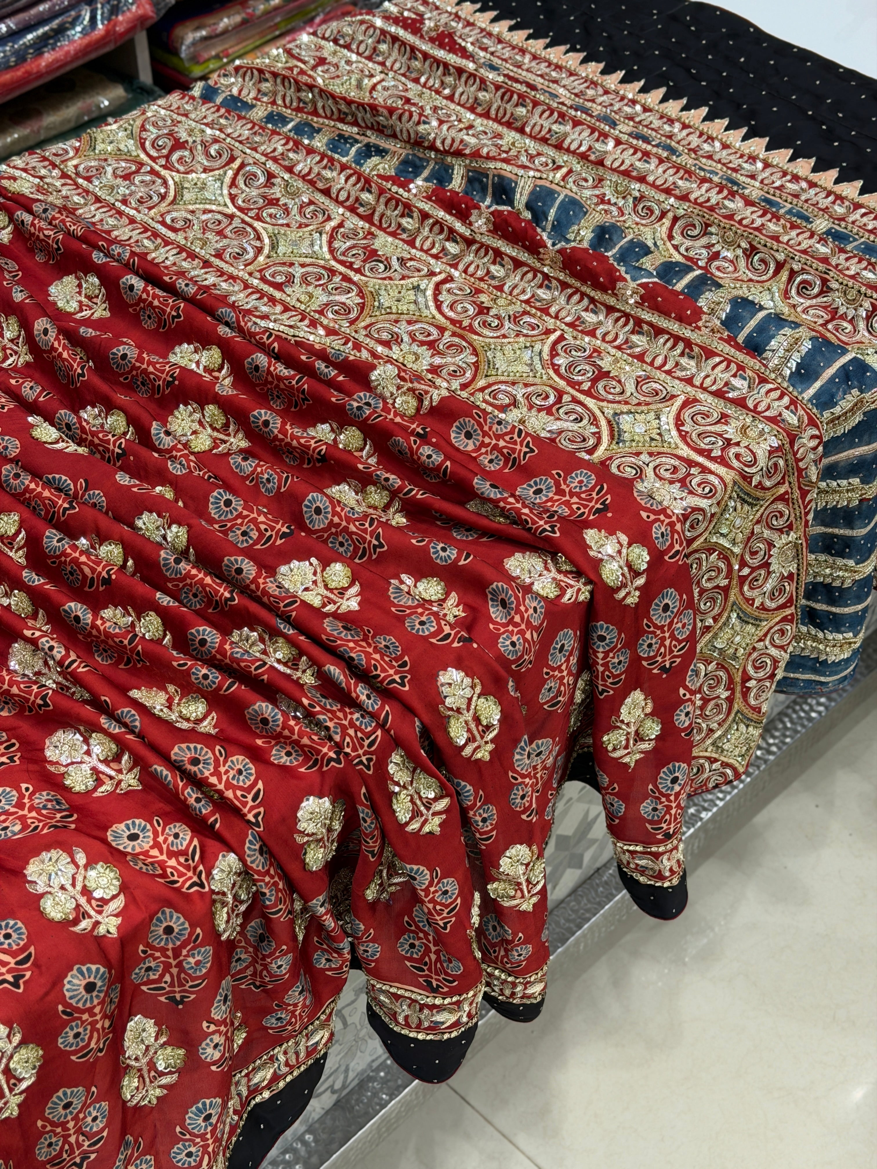 Red Buttas Pita Sequin Ajrakh Hand Embroidery Saree