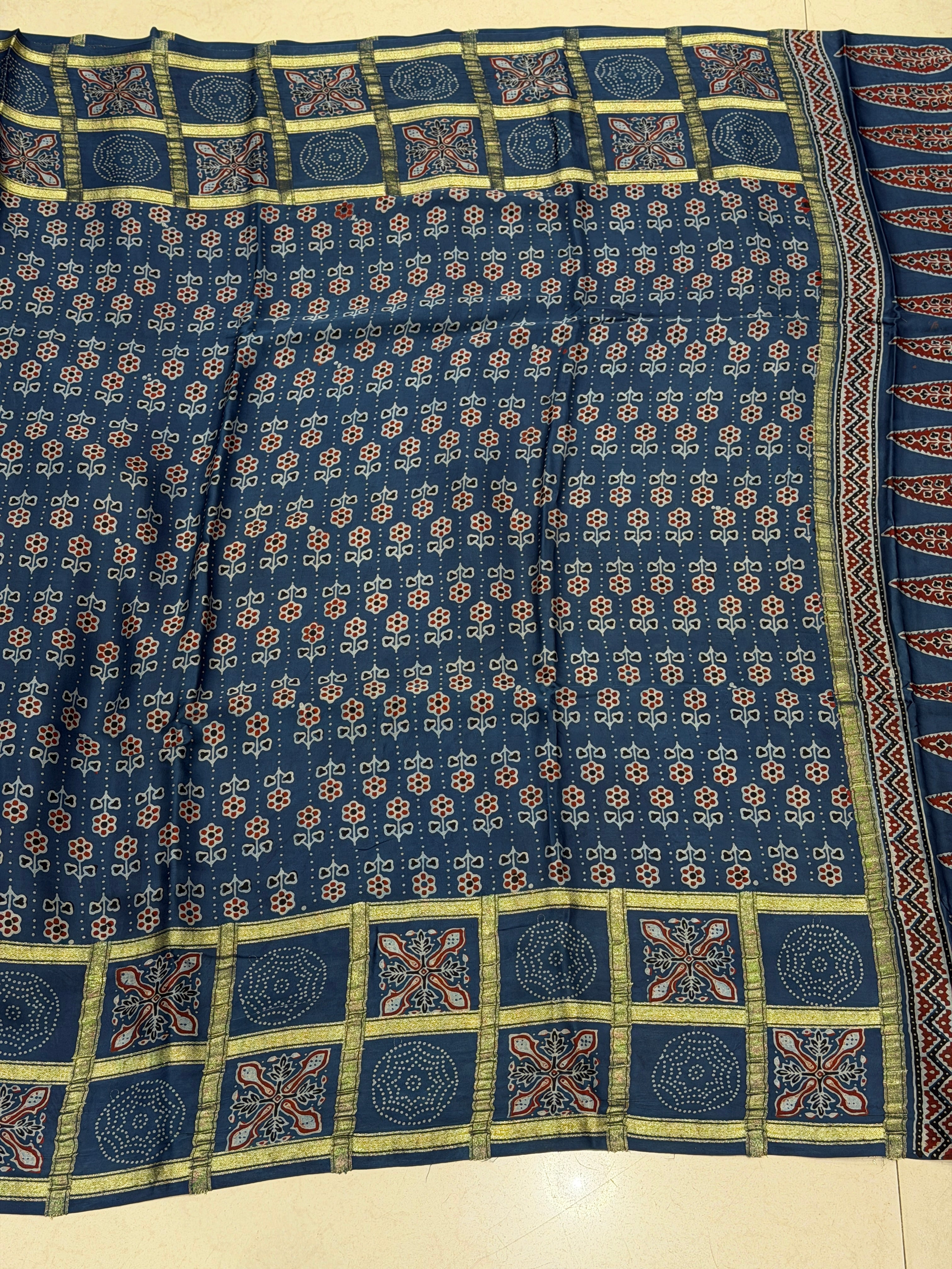Blue Checks Border Lagdipatta Ajrakh Hand Block Print Pure Modal Silk Saree