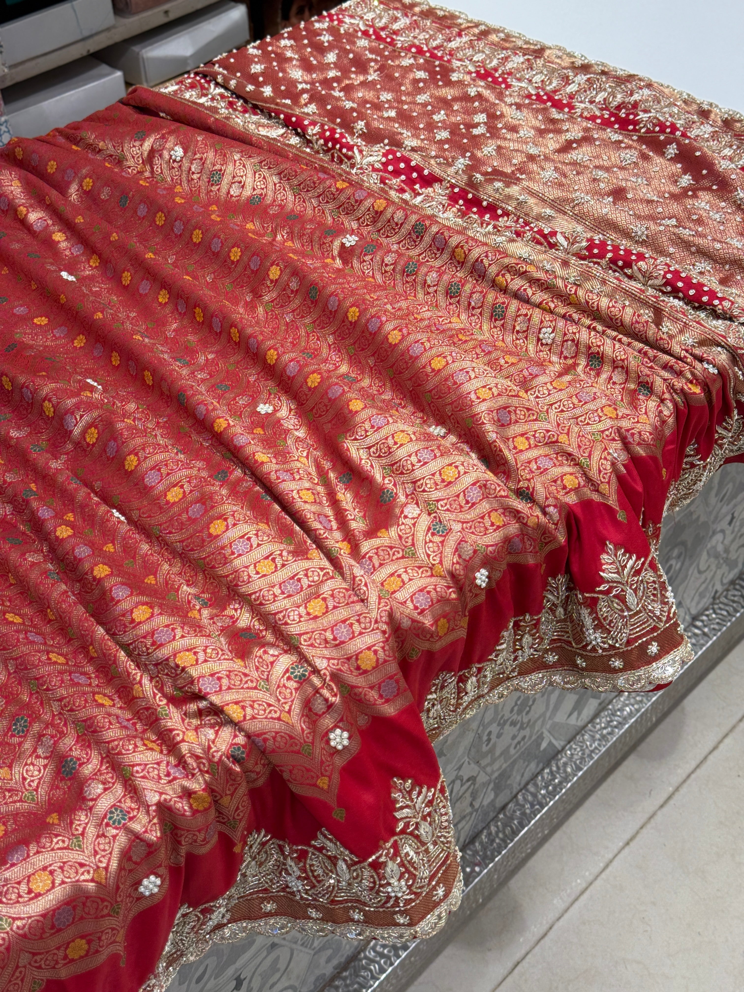 Red Banarasi Contemporary Zardosi Hand Embroidery Saree
