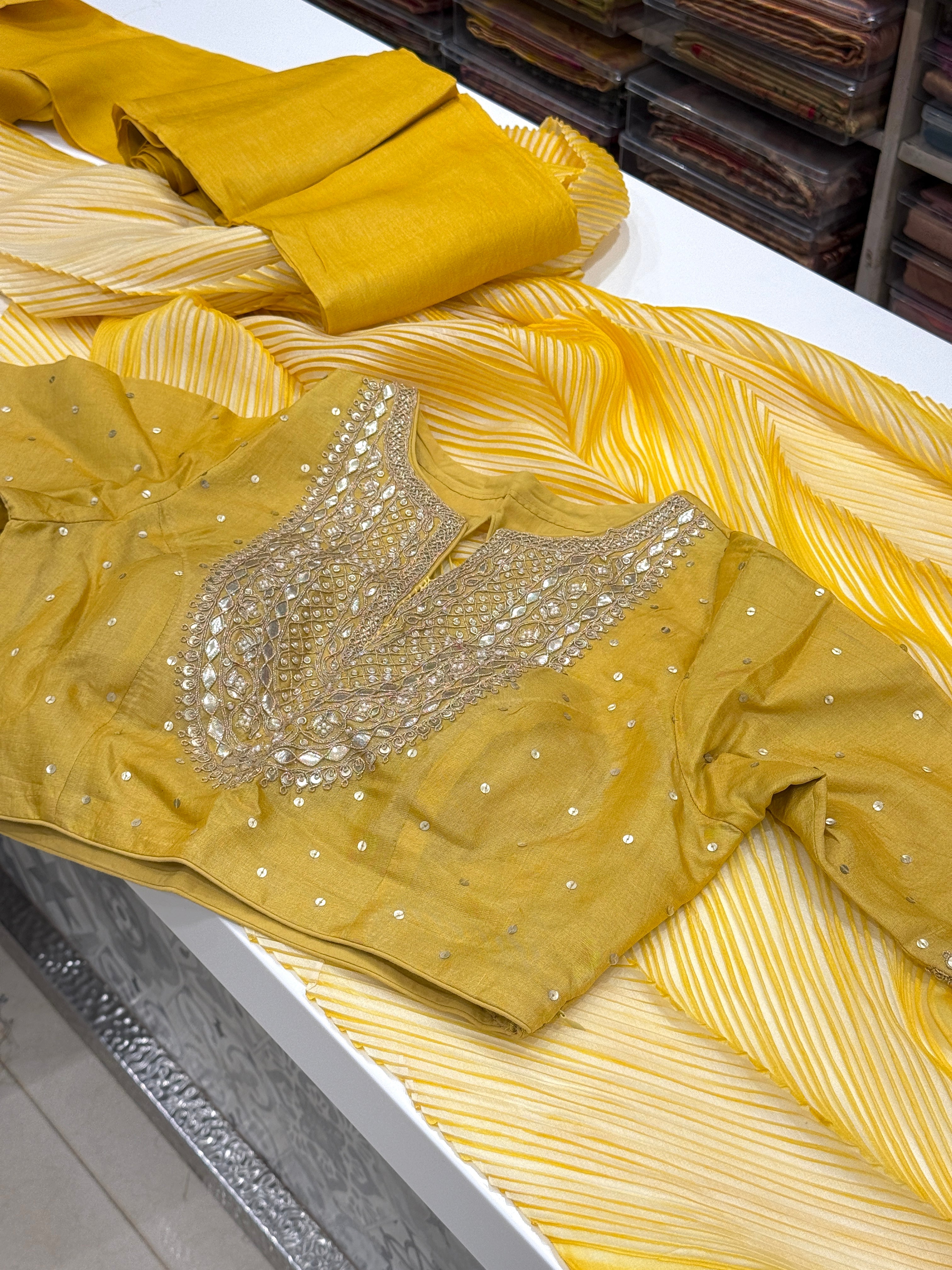 Yellow Crushed Tussor with Ready Blouse Saree