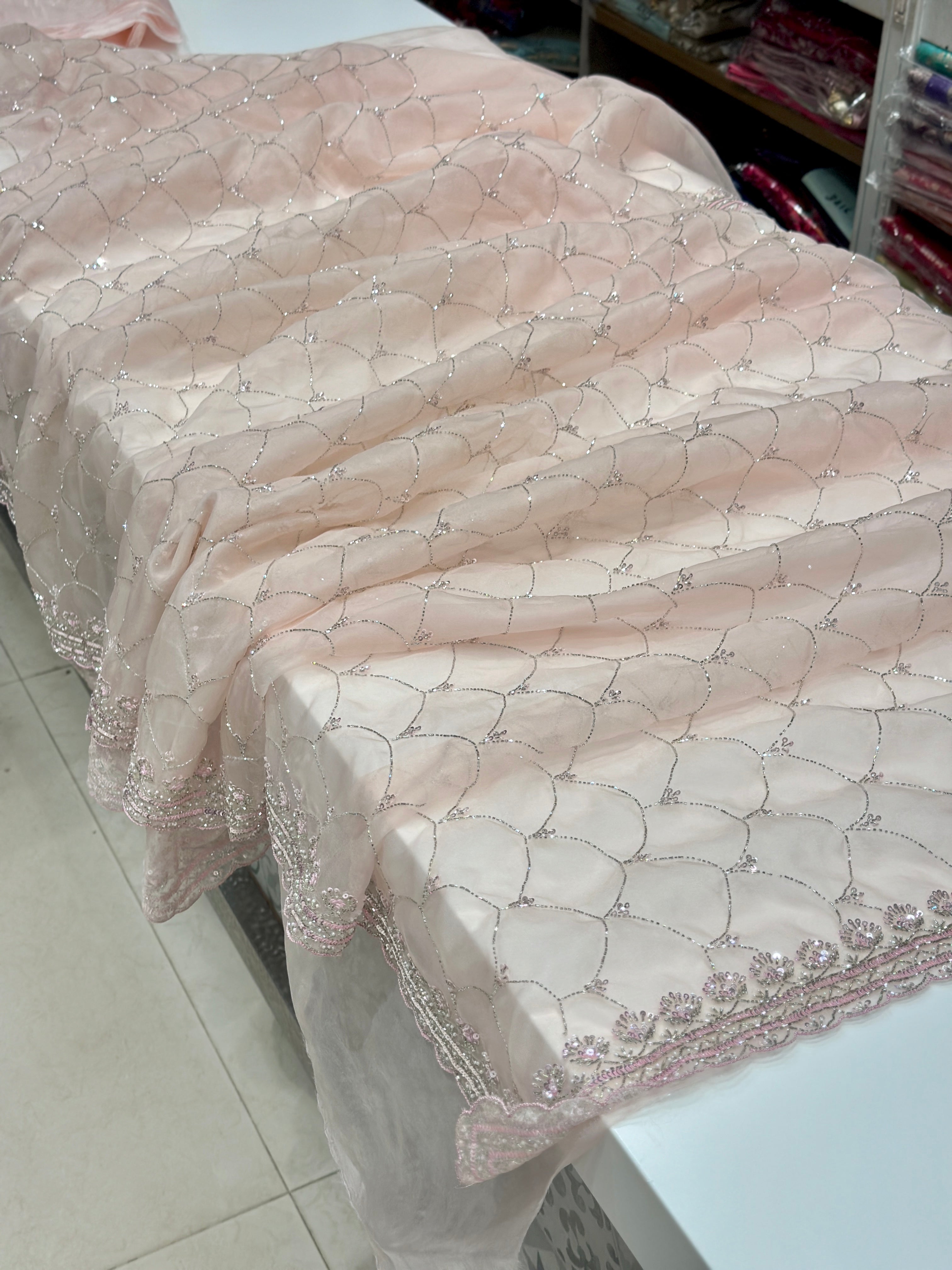 Pink Organza Moti Sequin Salli Embroidery Saree