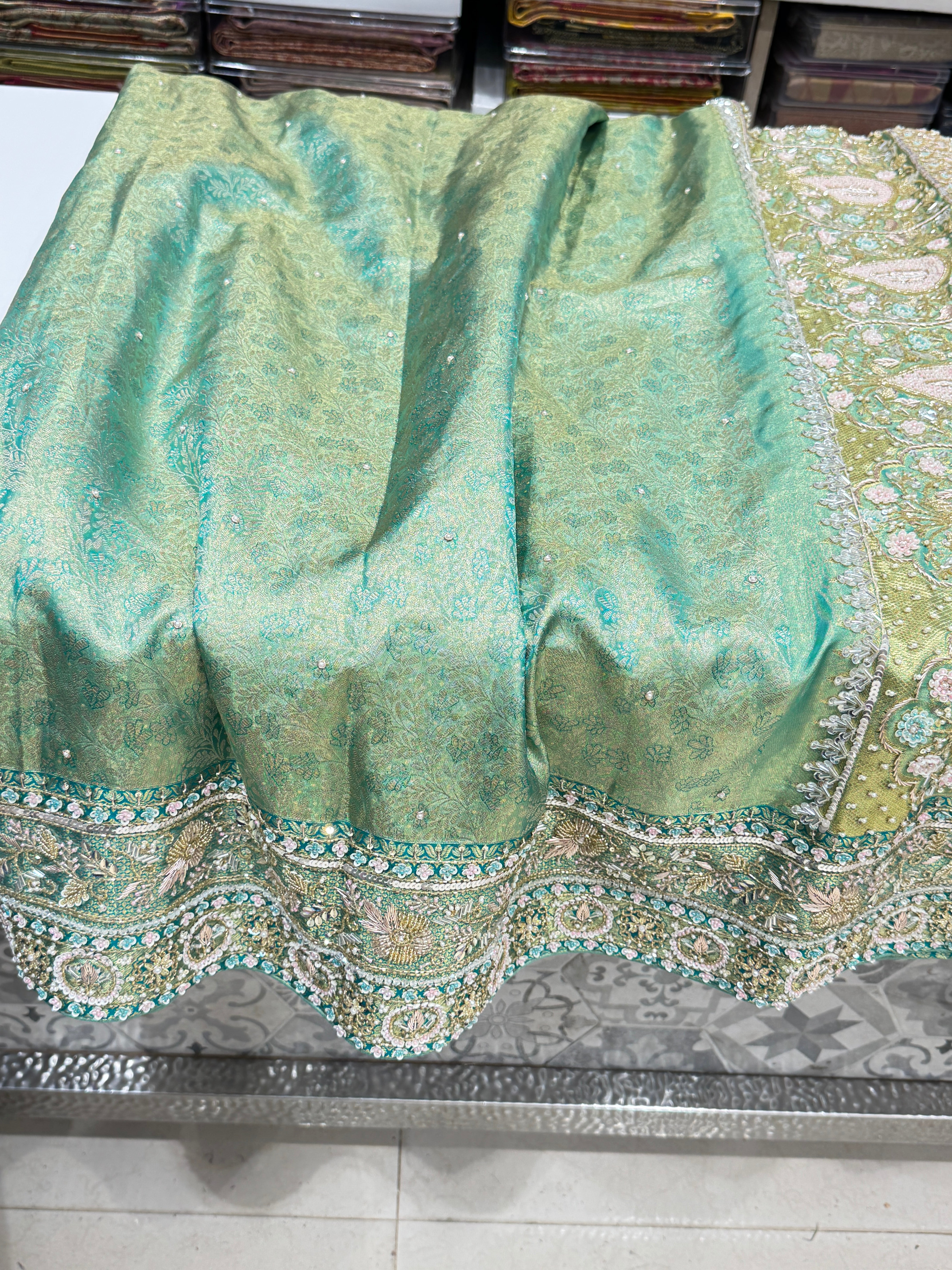 Pista Green Tissue Kanjivaram Hand Embroidery Saree