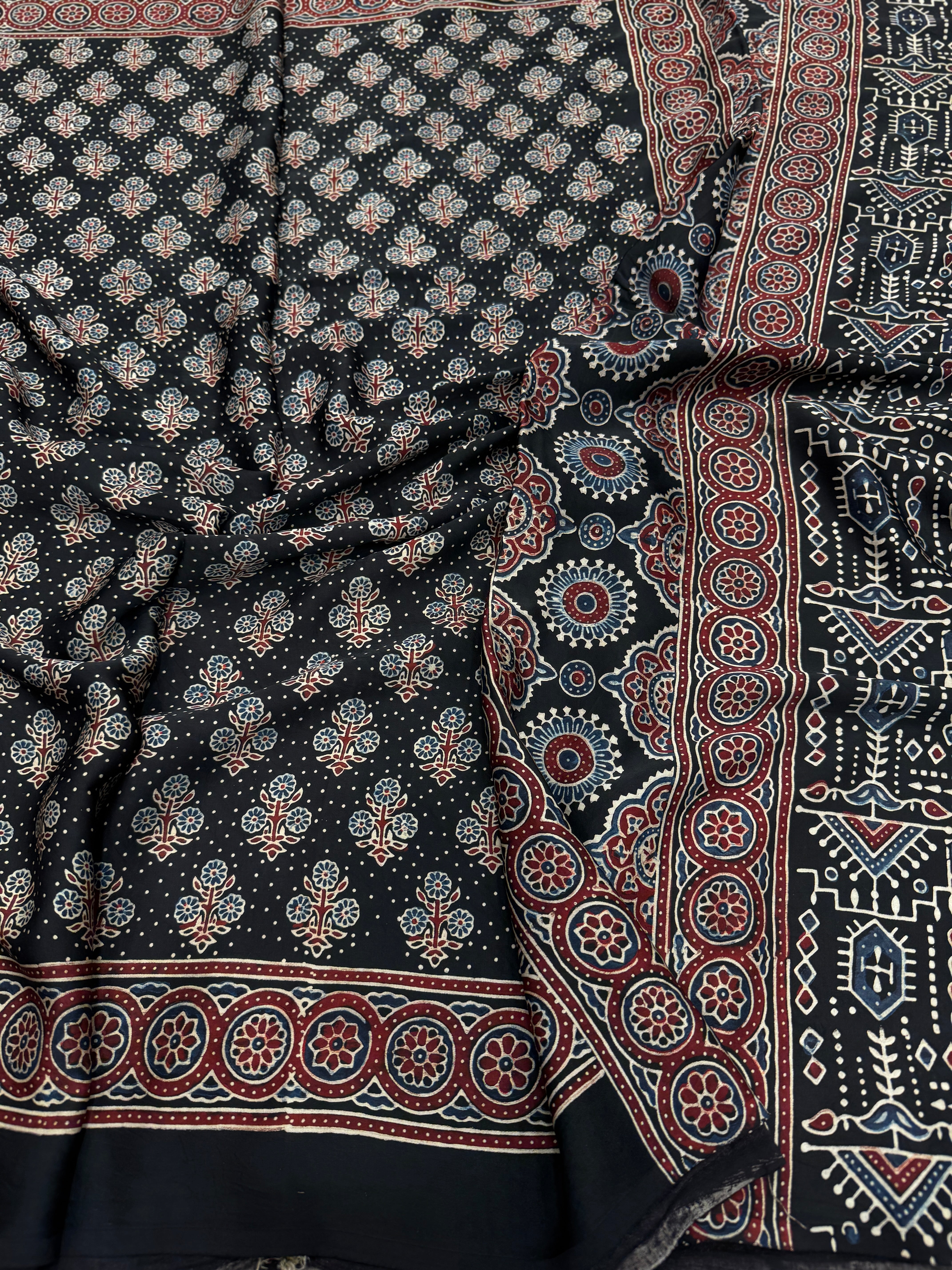 Black Floral Buttas Dot Style Hand Block Print Ajrkah Pure Gajji Silk Saree