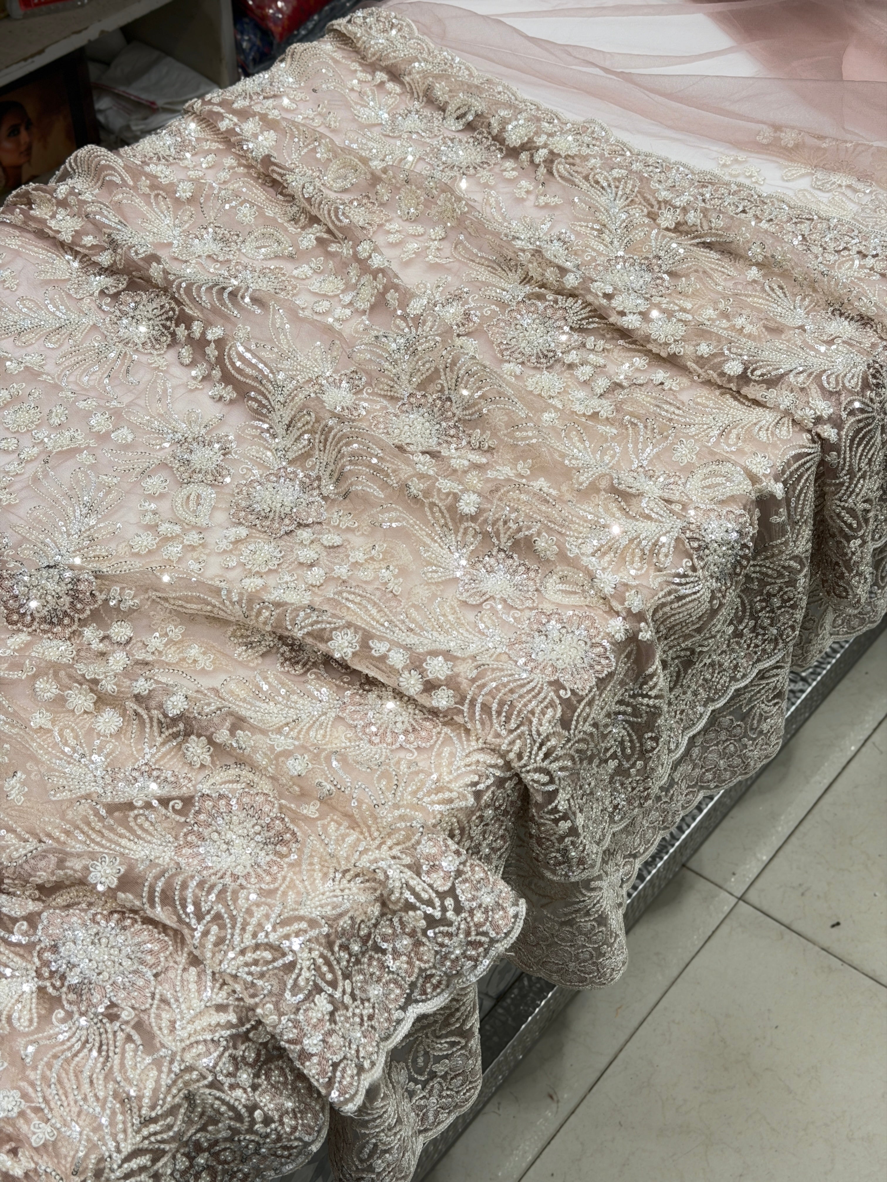 Nude Pink Floral Jaal Net Resham Moti Embroidery Soft Saree