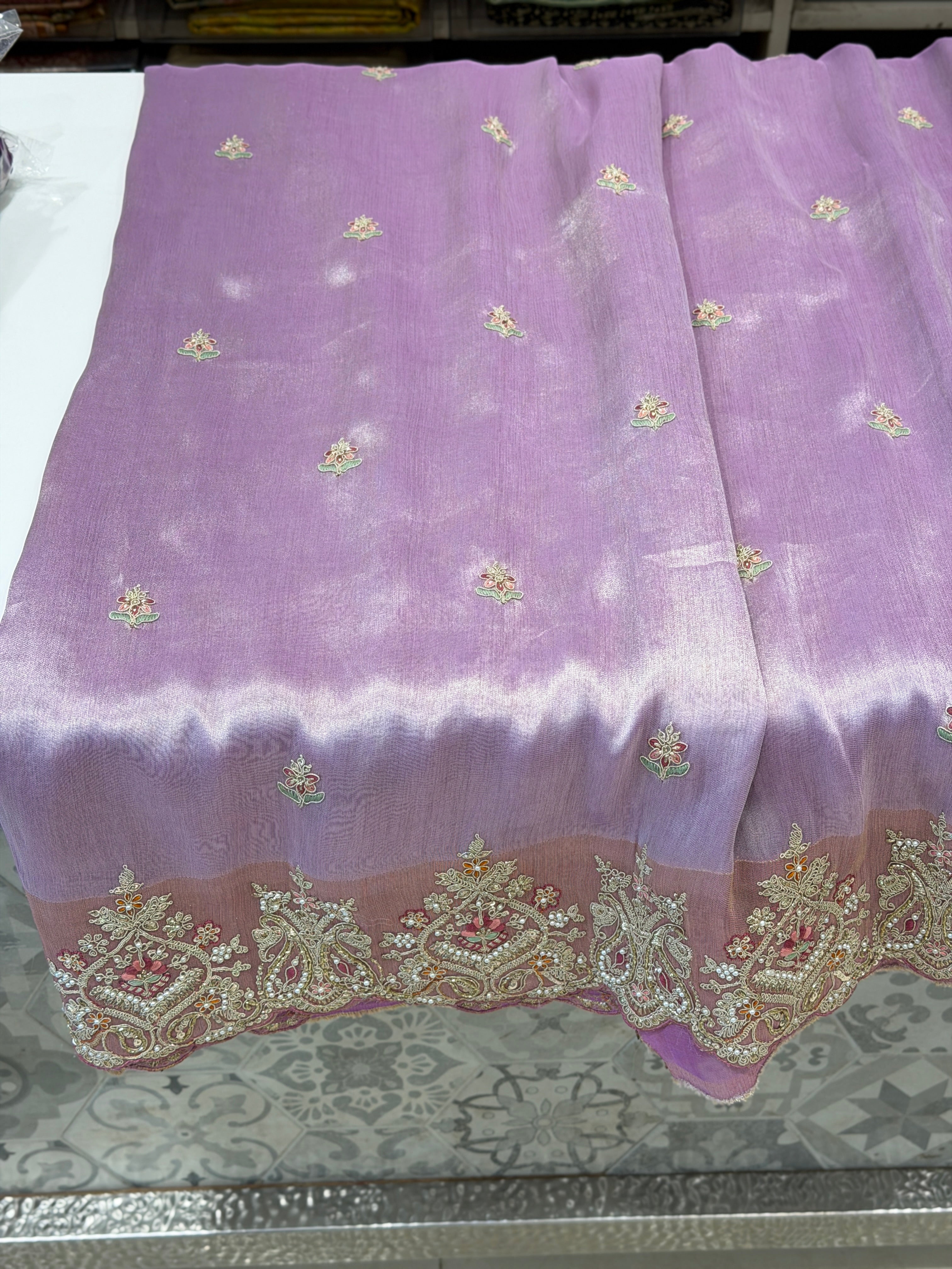 Lilac Crepe Tissue Zari Resham Embroidery SareeMoti