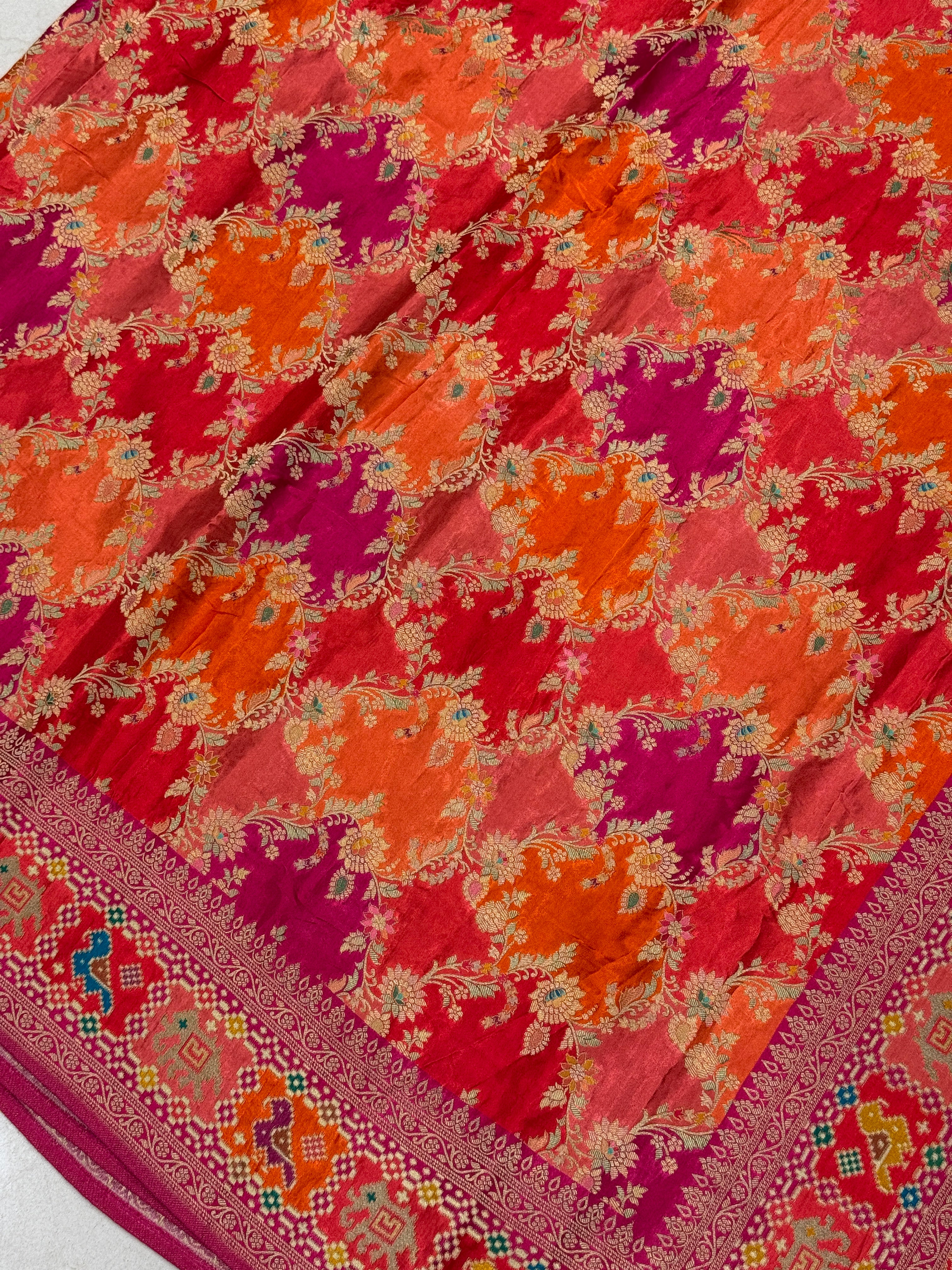 Orange Rani Banarasi Rangkat Fusion Patola Border Saree