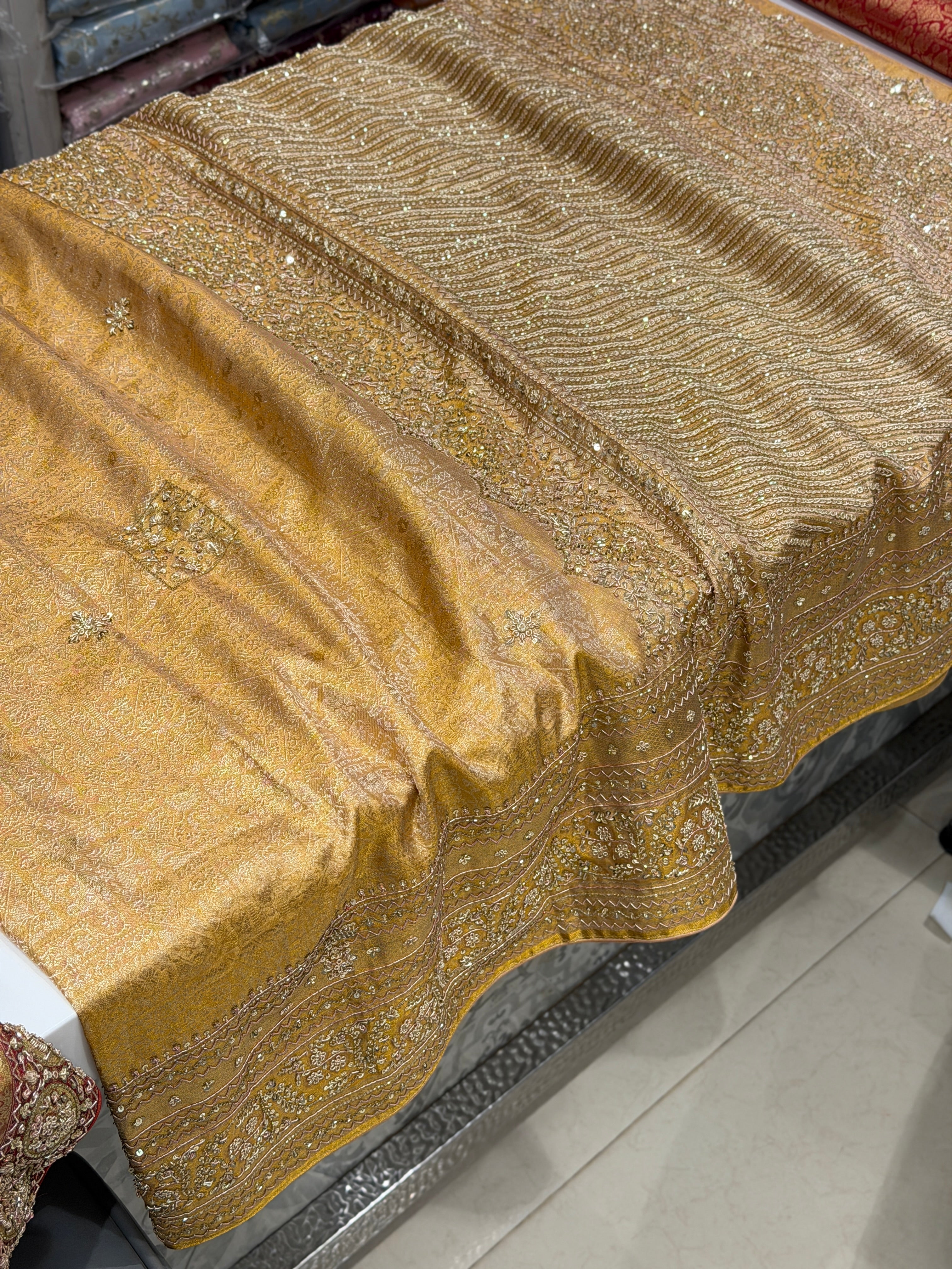 Gold Tissue Zardosi Kanjivaram Hand Embroidery Saree