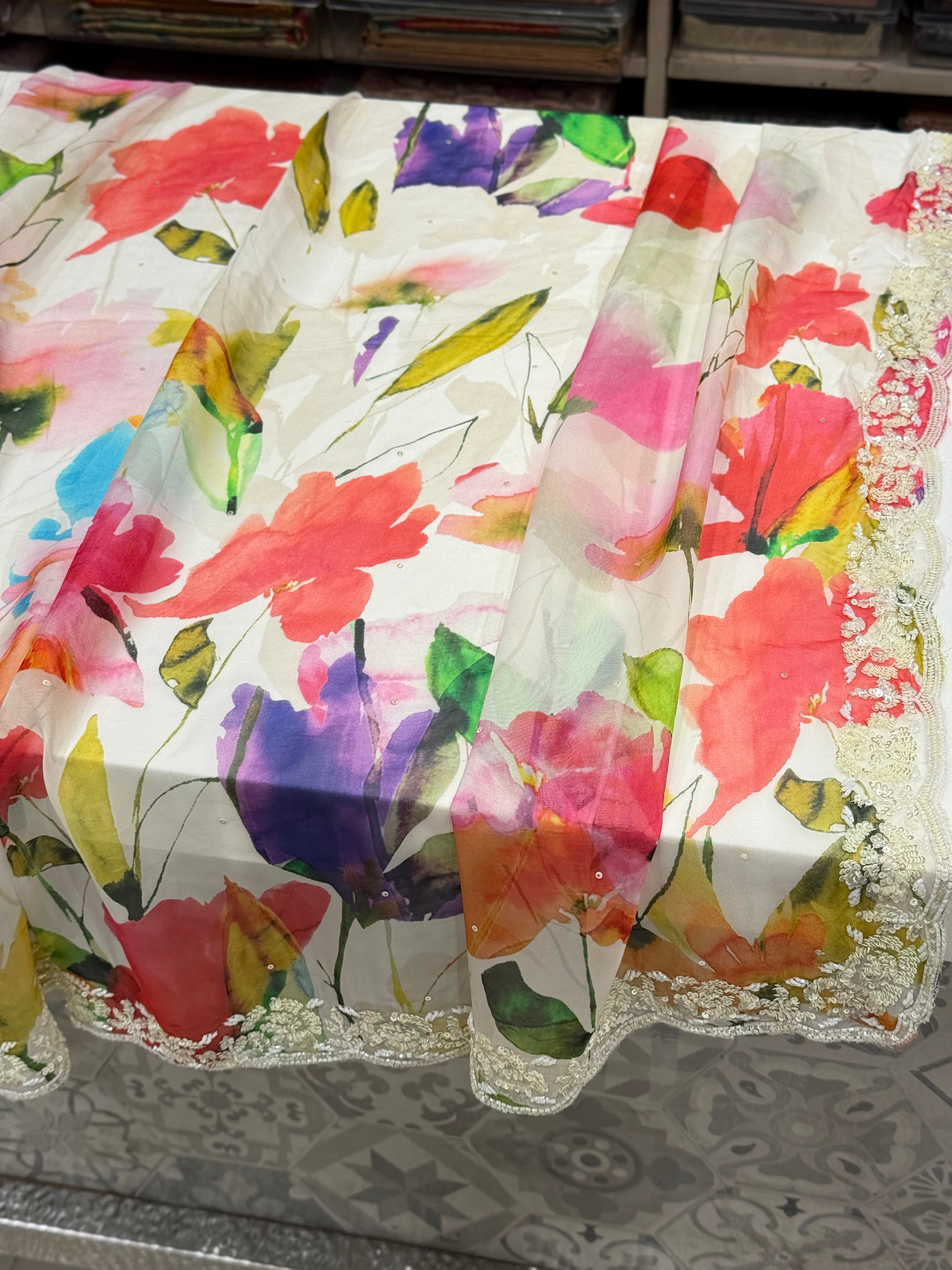 Multi Colour Print Muslin Border Heavy Hand Embroidery Saree