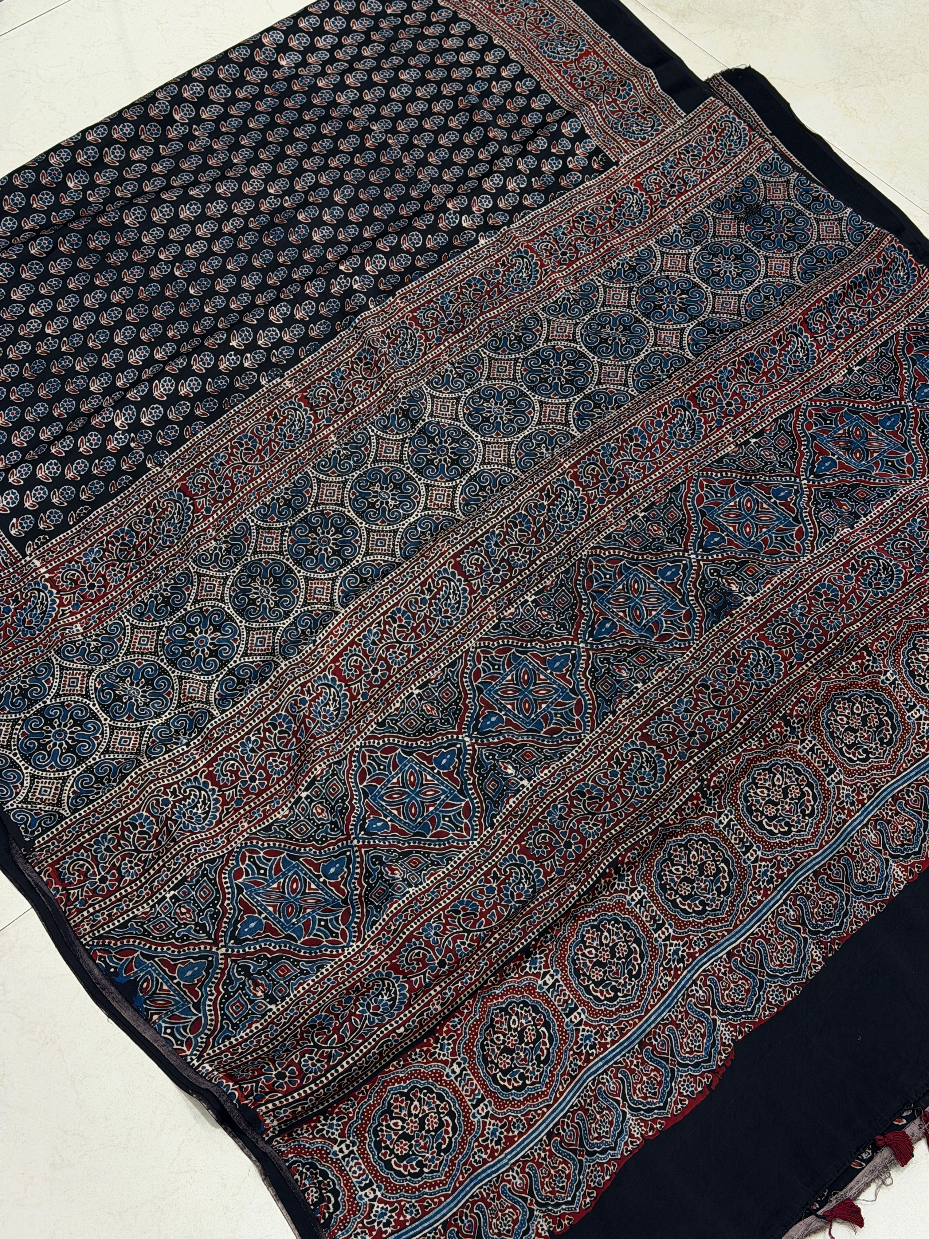 Black Small Flower Buttis Ajrakh Hand Block Print Pure Modal Silk Saree