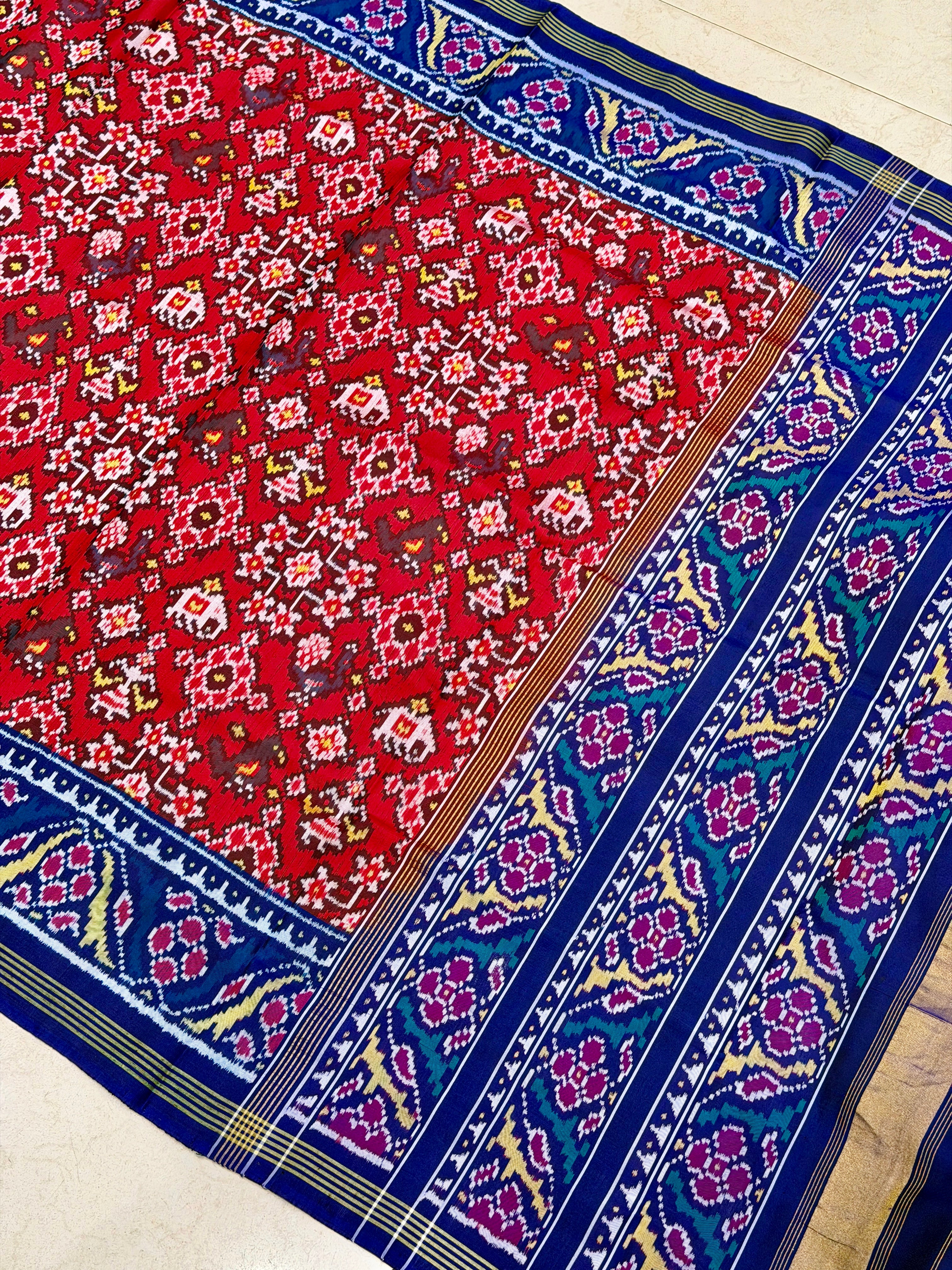 Red Blue Manek Chowk Pure Silk Handloom Patola Saree
