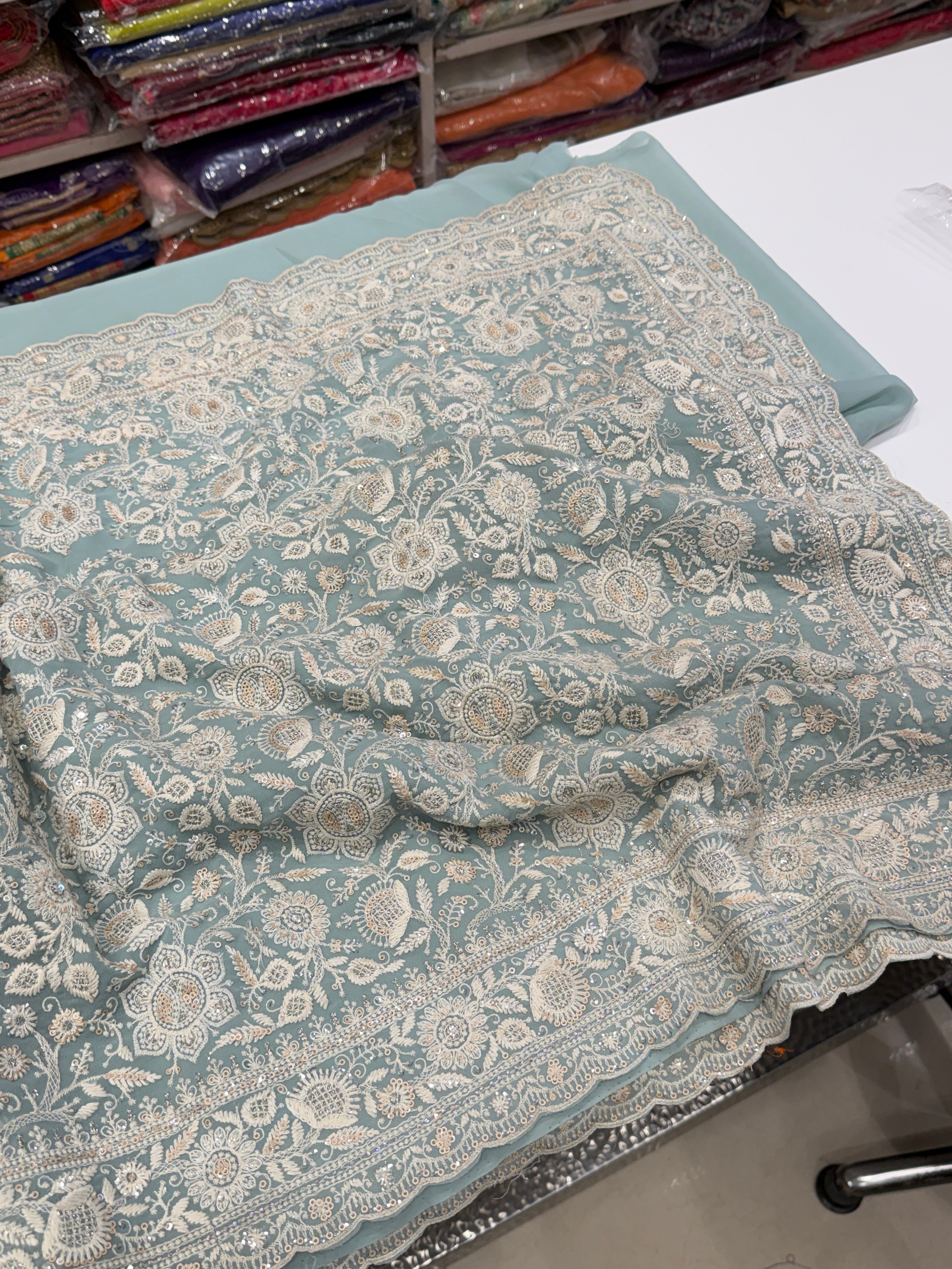 Sea Green Chikankari Georgette Small Scallop Design Saree