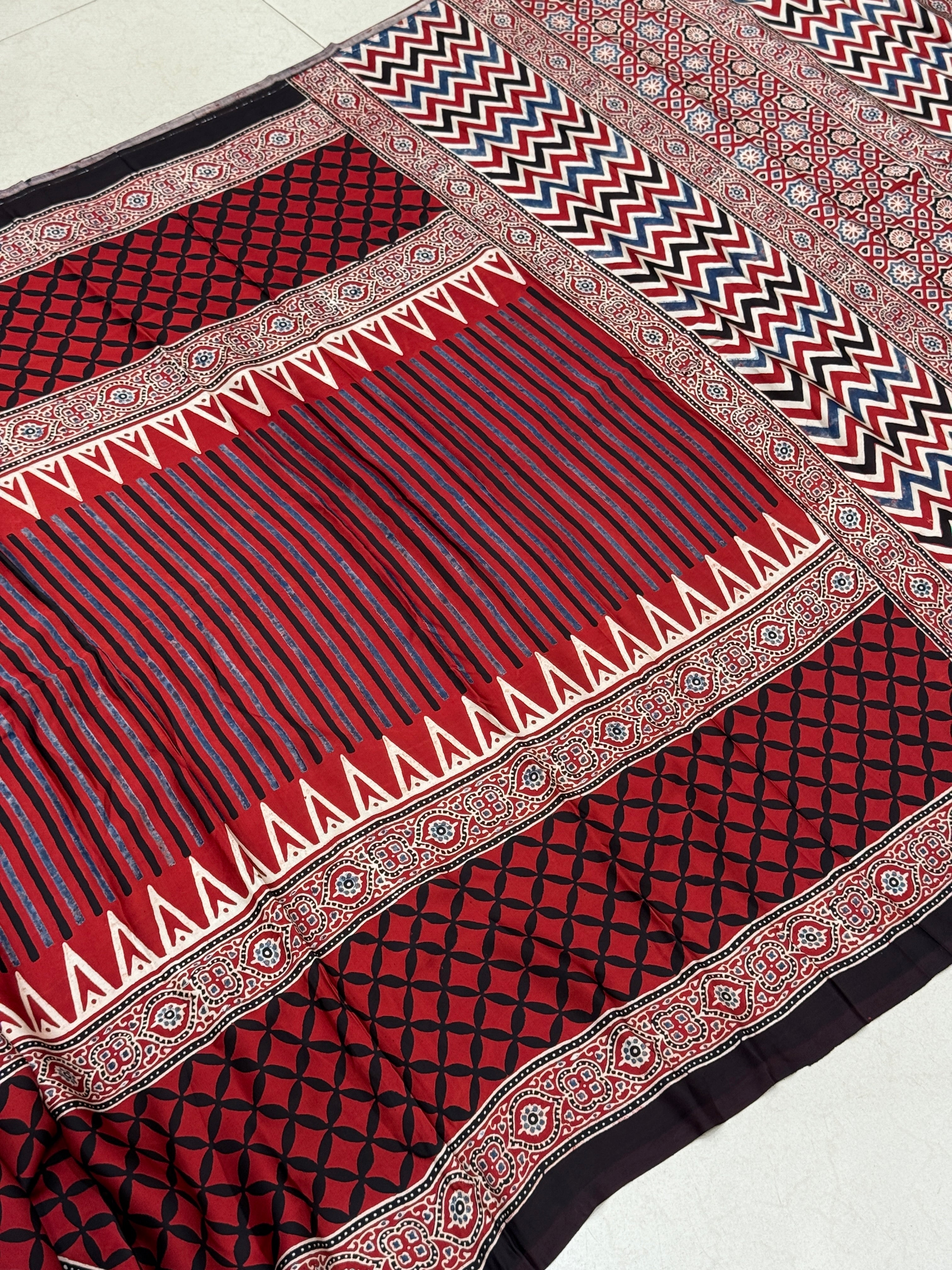 Red Line Contemporary Modal Gajji Silk Ajrakh Saree