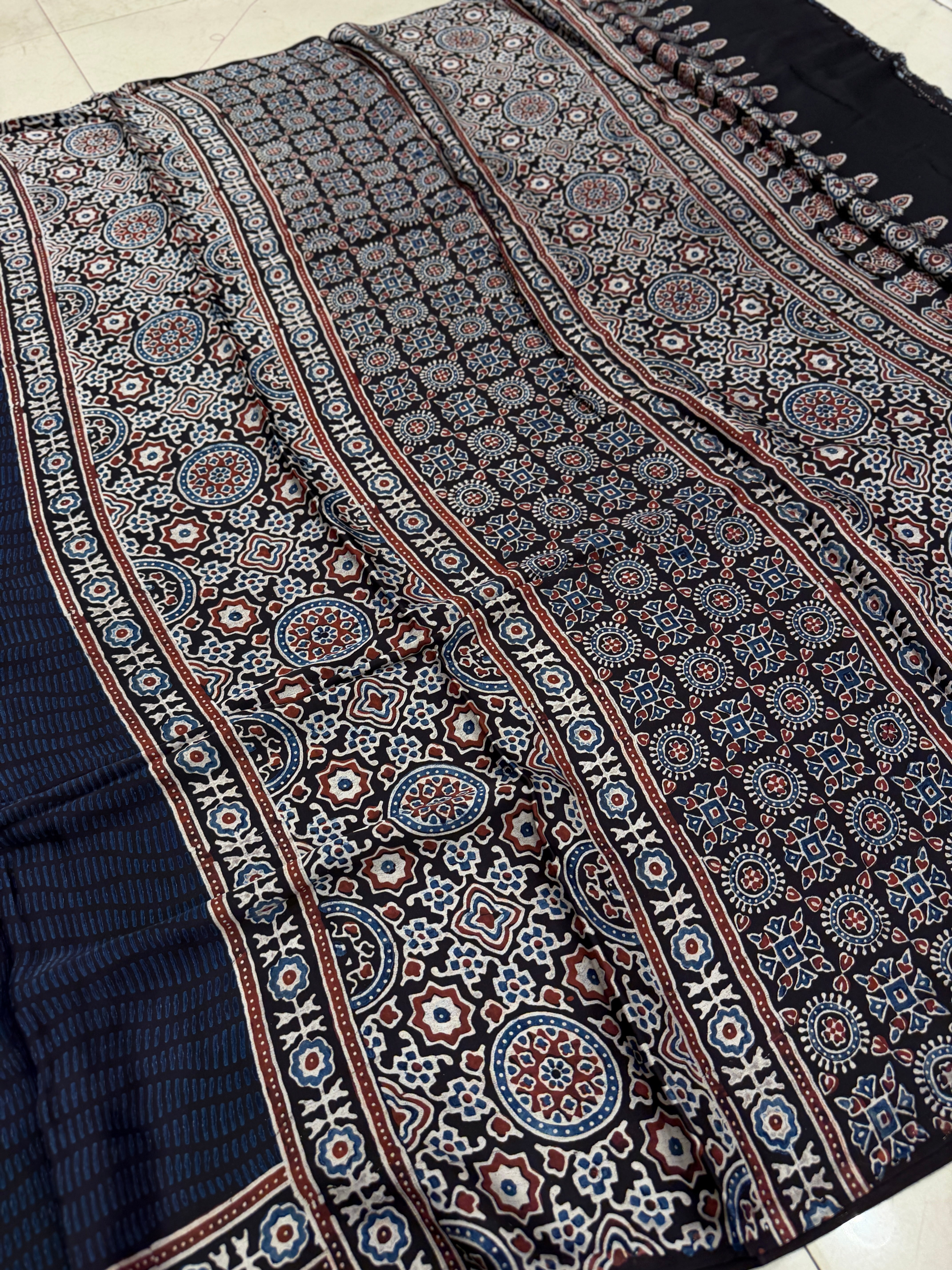 Blue Squiggly Lines Ajrakh Hand Block Print Pure Modal Silk Saree