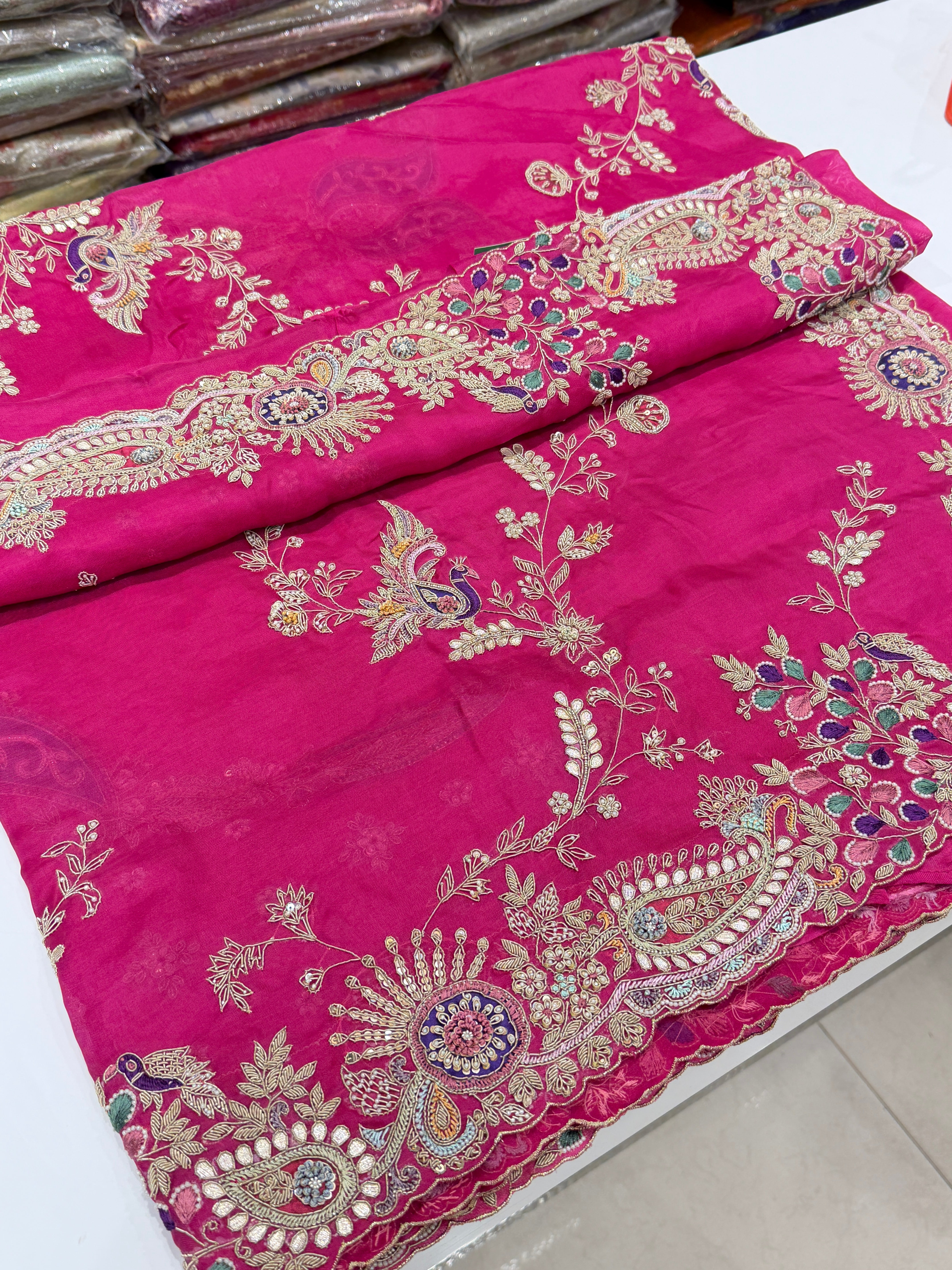 Rani Pink Organza Anamika Khanna Inspired Hand Embroidery Saree