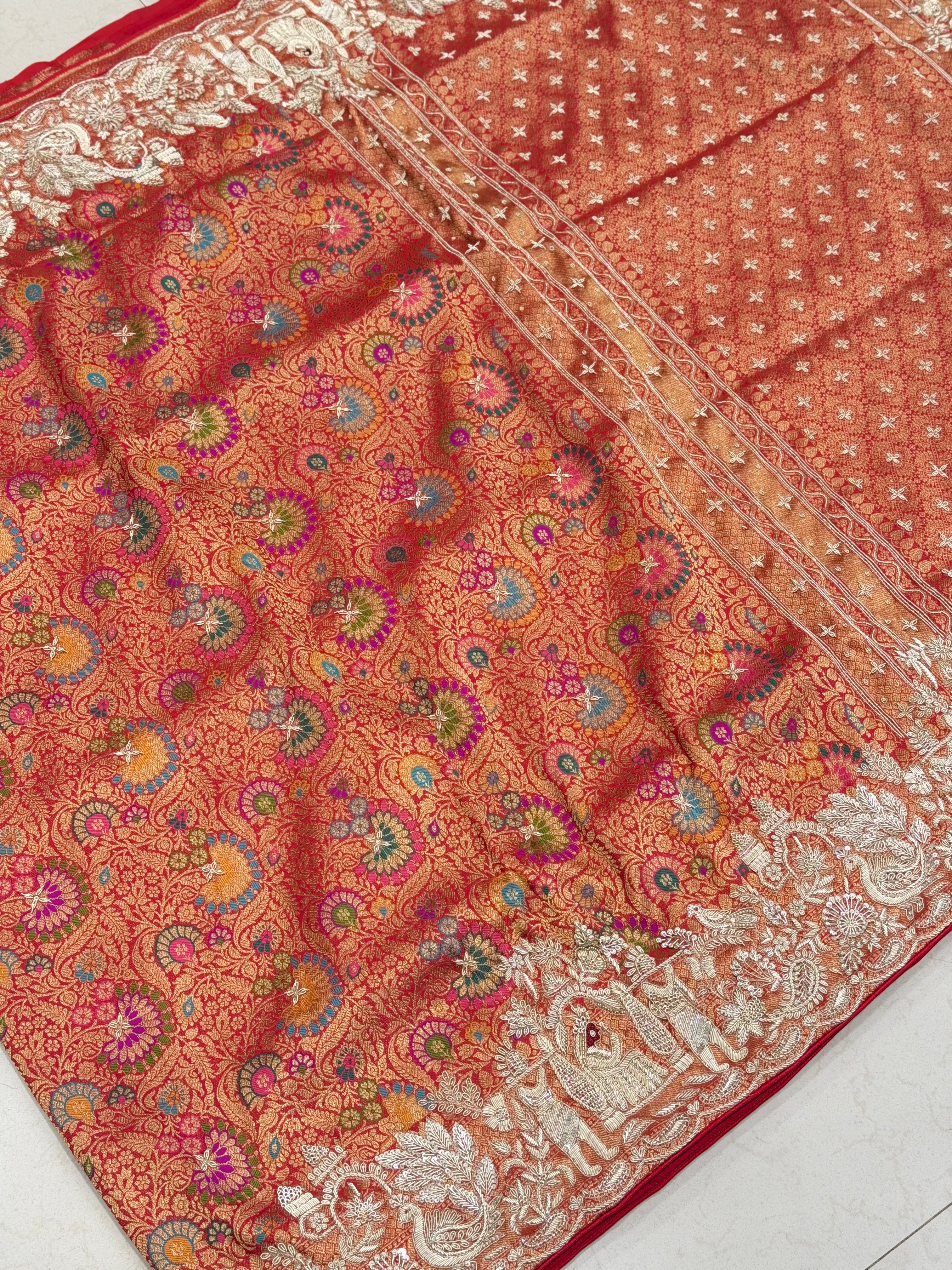 Red Khinkhwab Banarasi Hand Embroidery Zardosi Doli Edit Saree