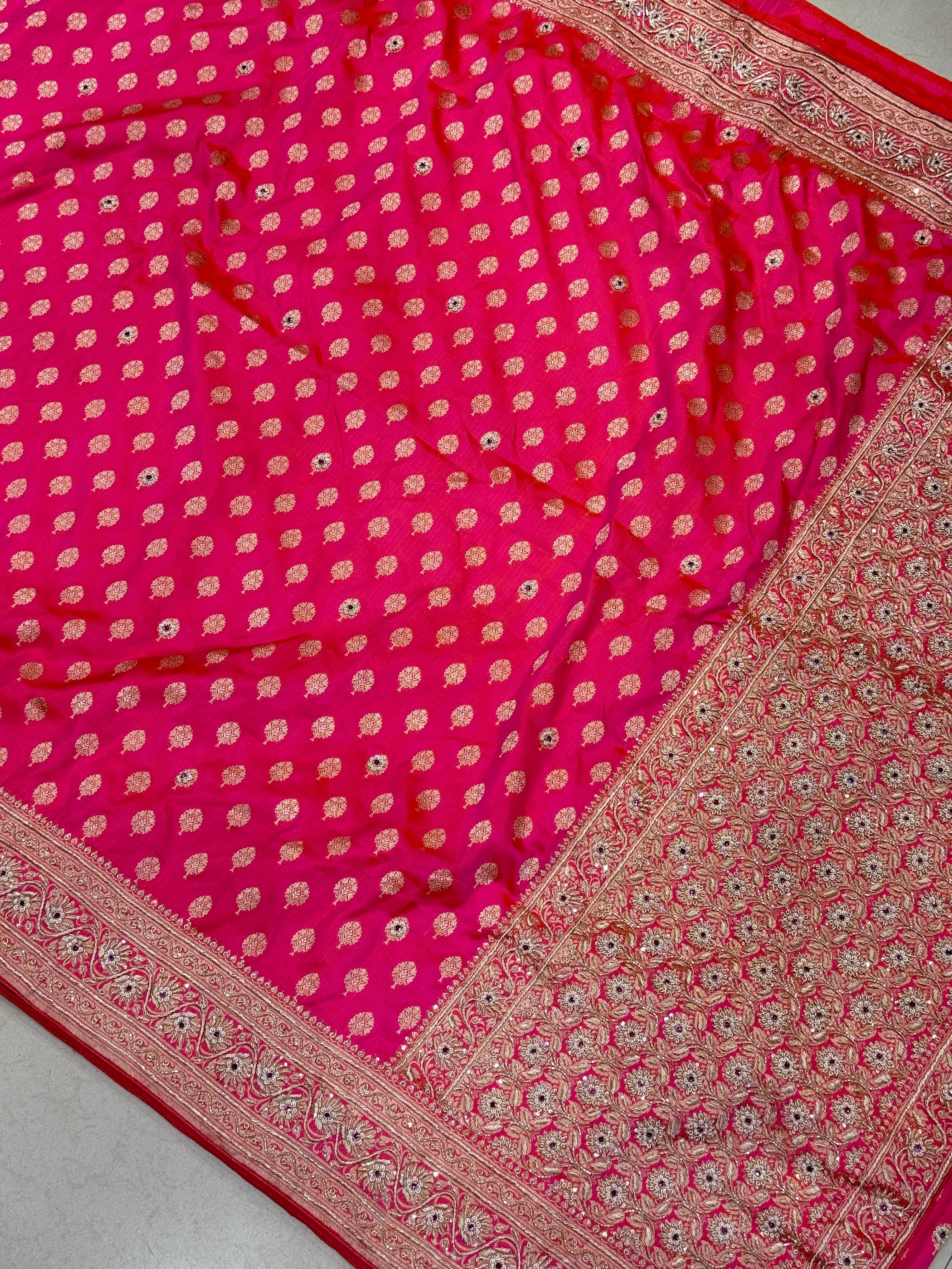 Rani Buttis Handloom Banarasi Pure Katan Zardosi Embroidery Saree