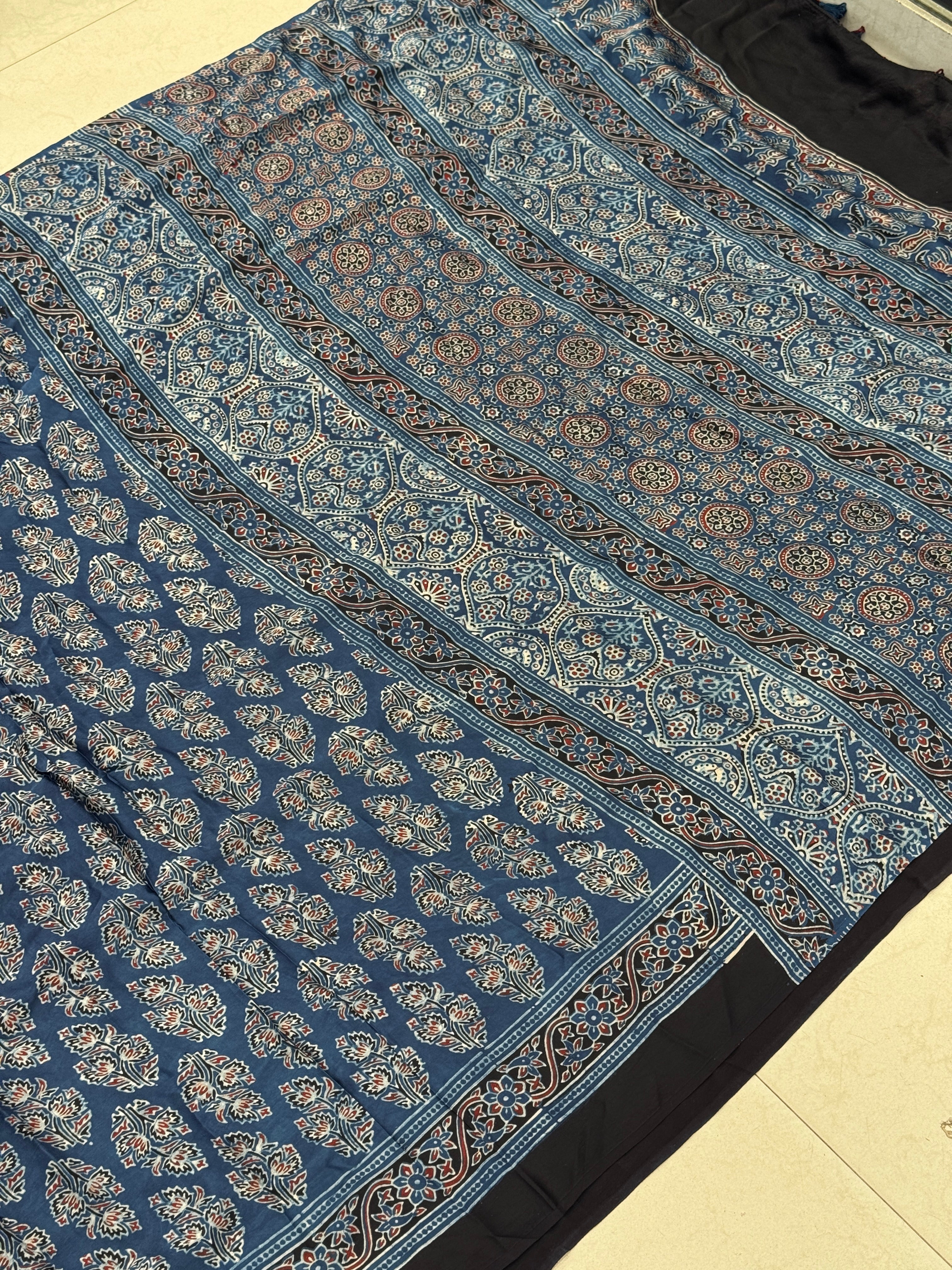 Blue Tree Butta Ajrakh Hand Block Print Pure Gajji Silk Saree