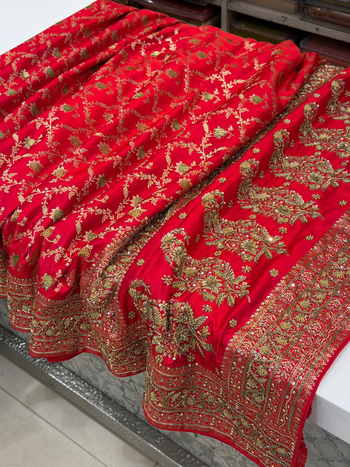 Cross Red Meenakari Banarasi Jaal Antique Zardosi Hand Embroidery Saree