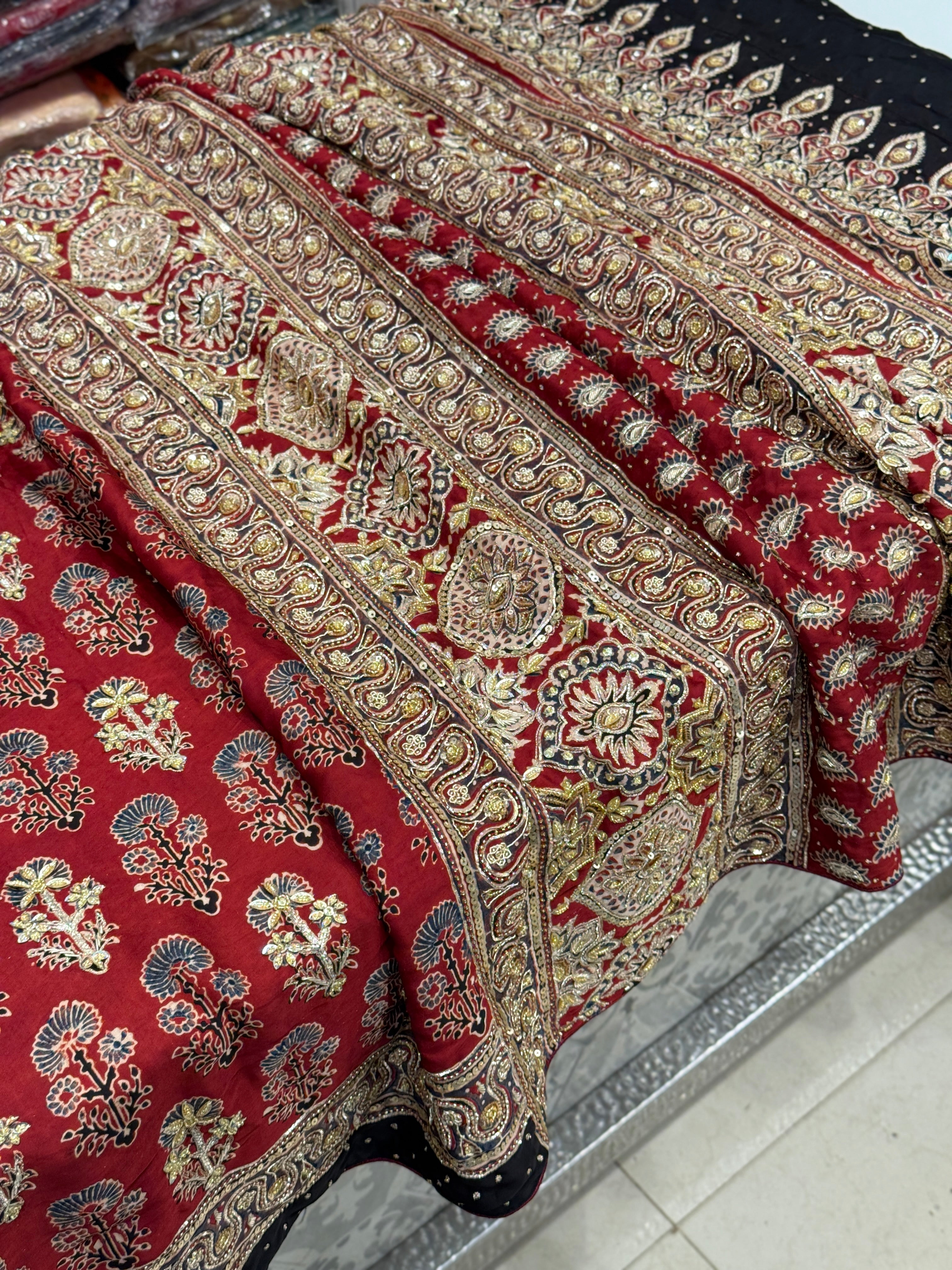 Red Buttis Pita Zardosi Sequin Ajrakh Hand Embroidery Saree