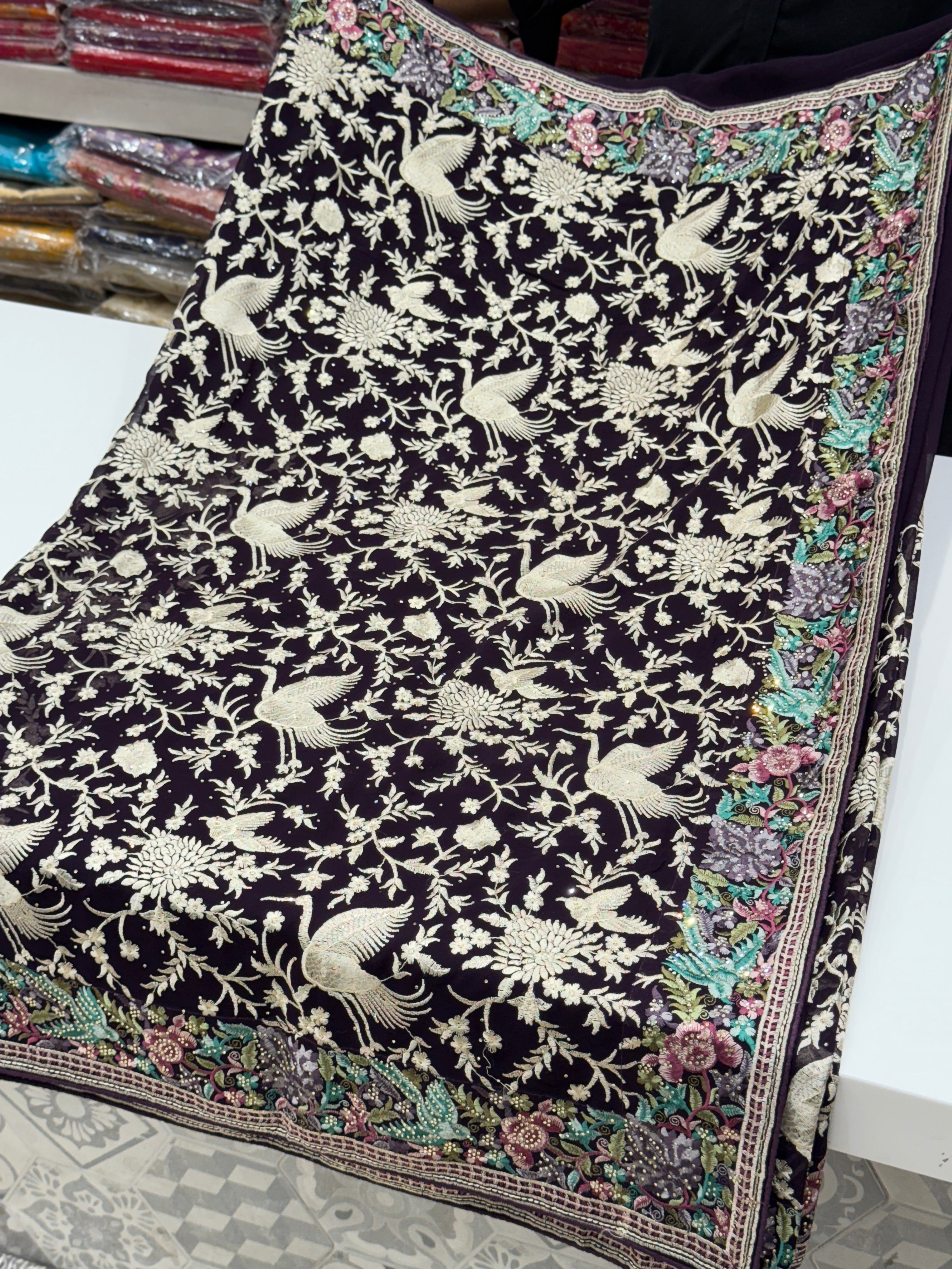 Black Parsi Gara Saree with Stone Work Resham Embroidery