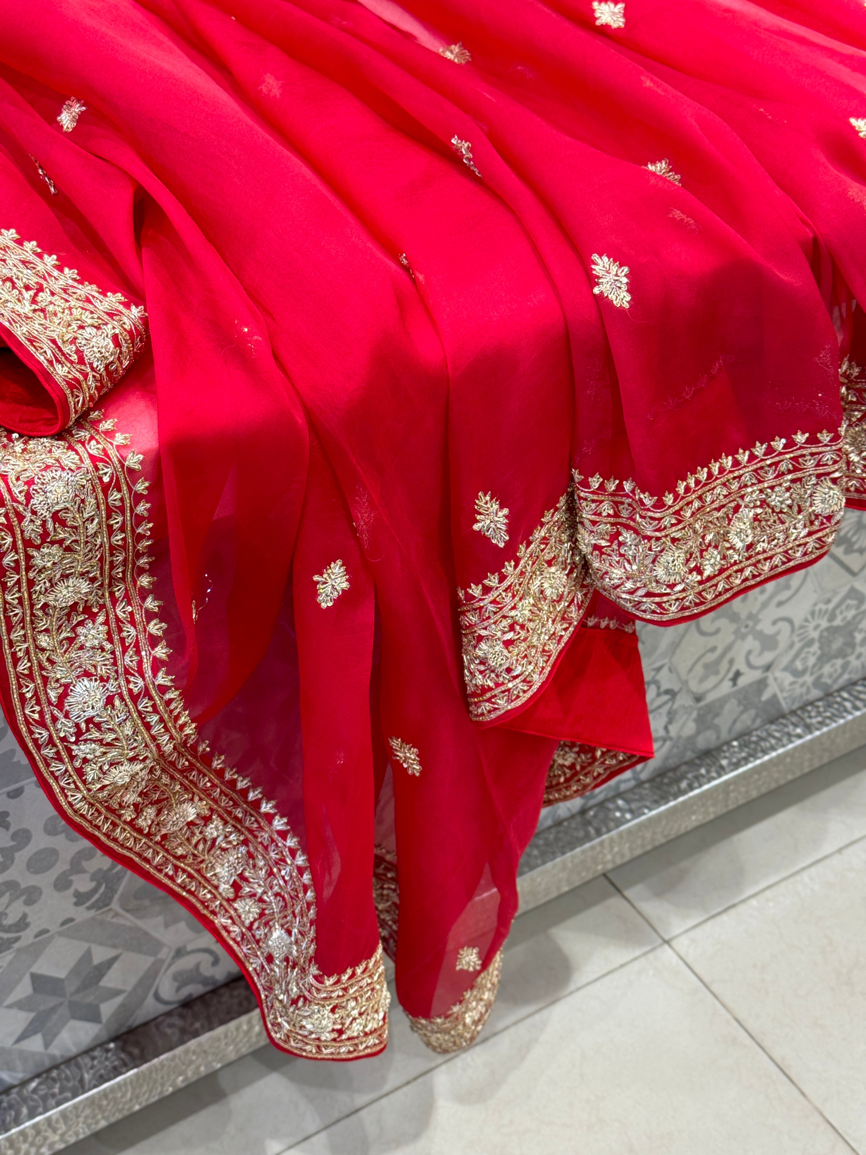 Red Pure Organza Zardosi Embroidery Saree
