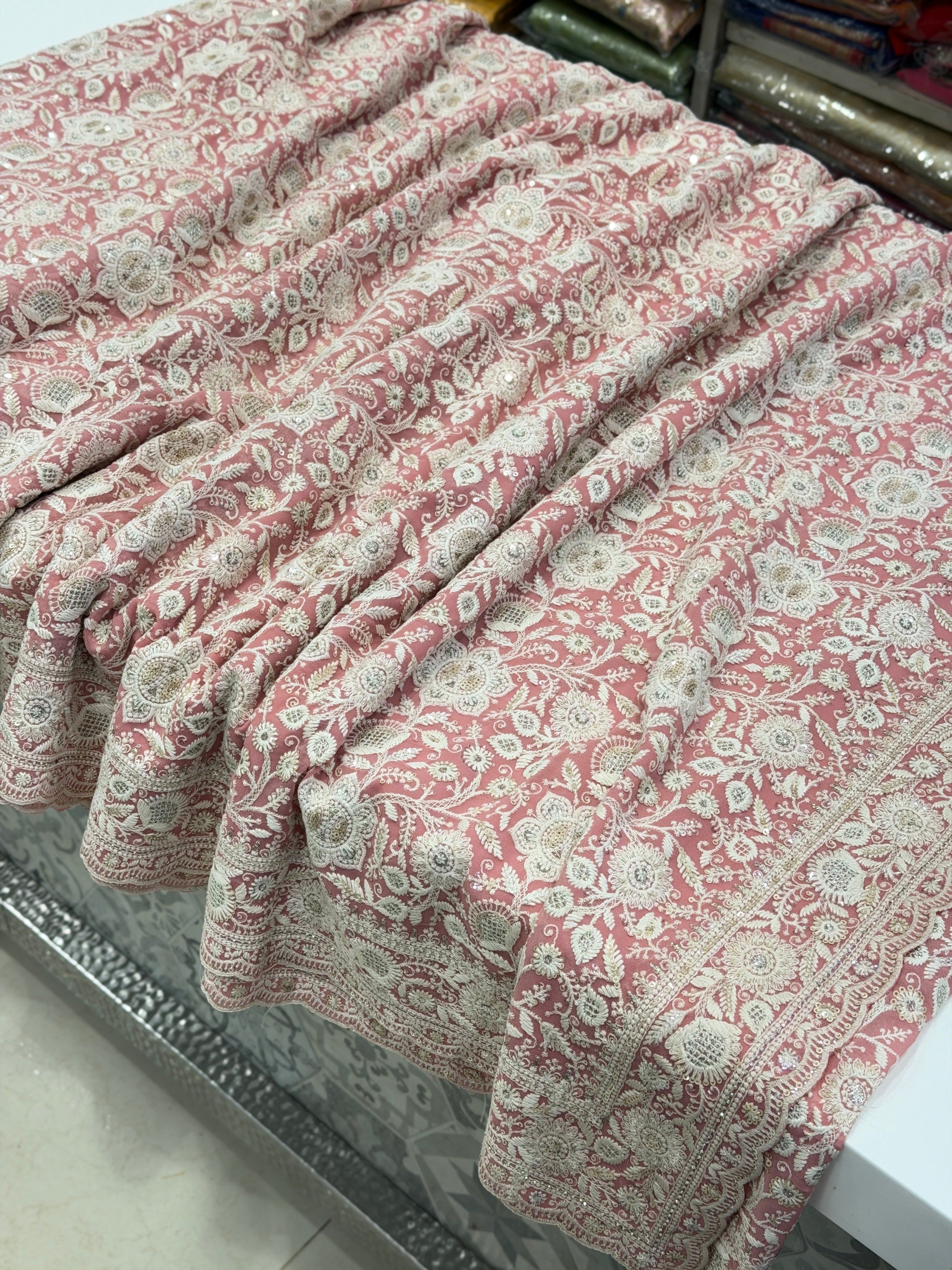 Pink Chikankari Georgette Small Scallop Design Saree