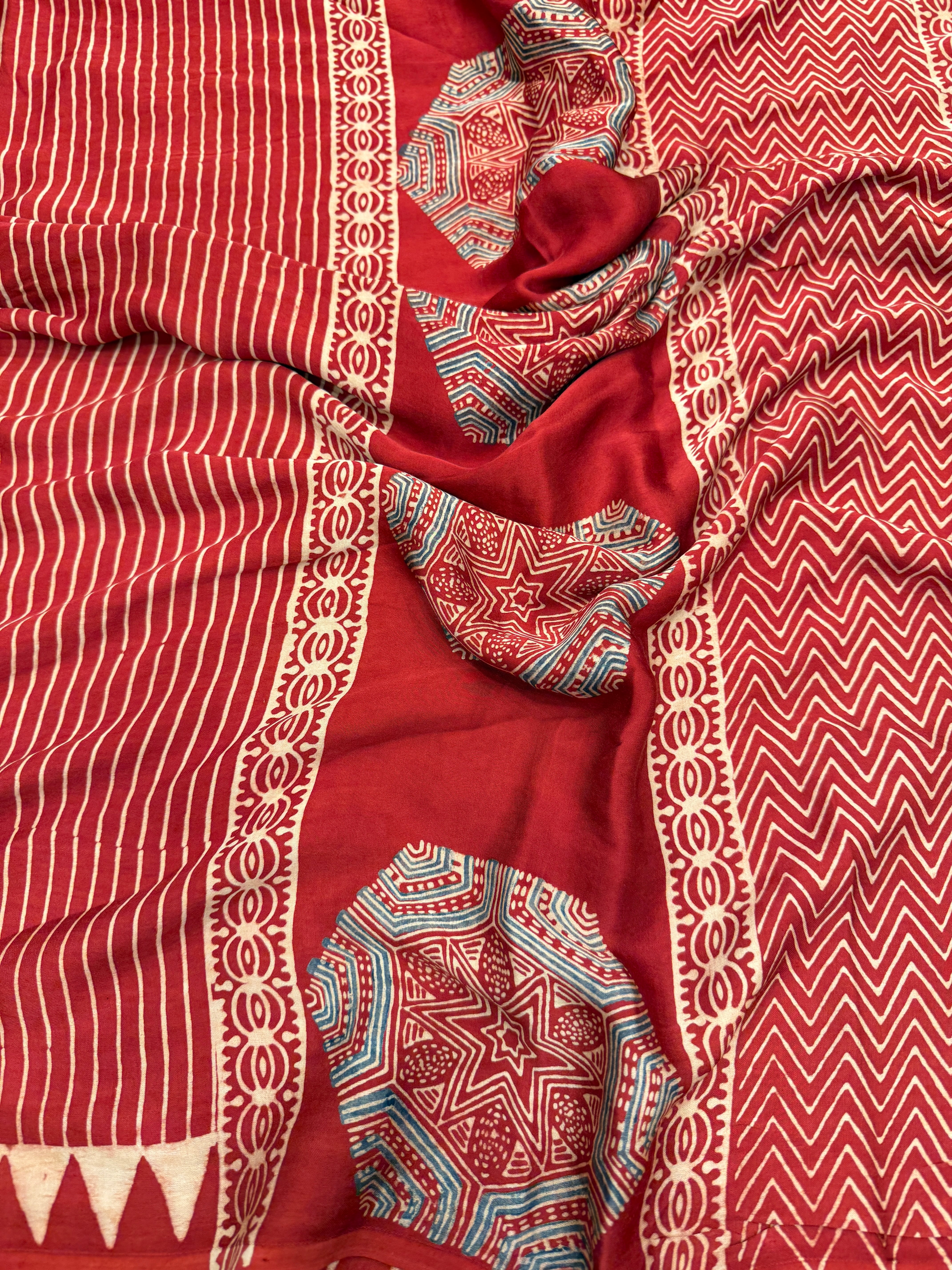 Red Hexa Butta Pallu Ajrakh Hand Block Print Pure Gajji Silk Saree