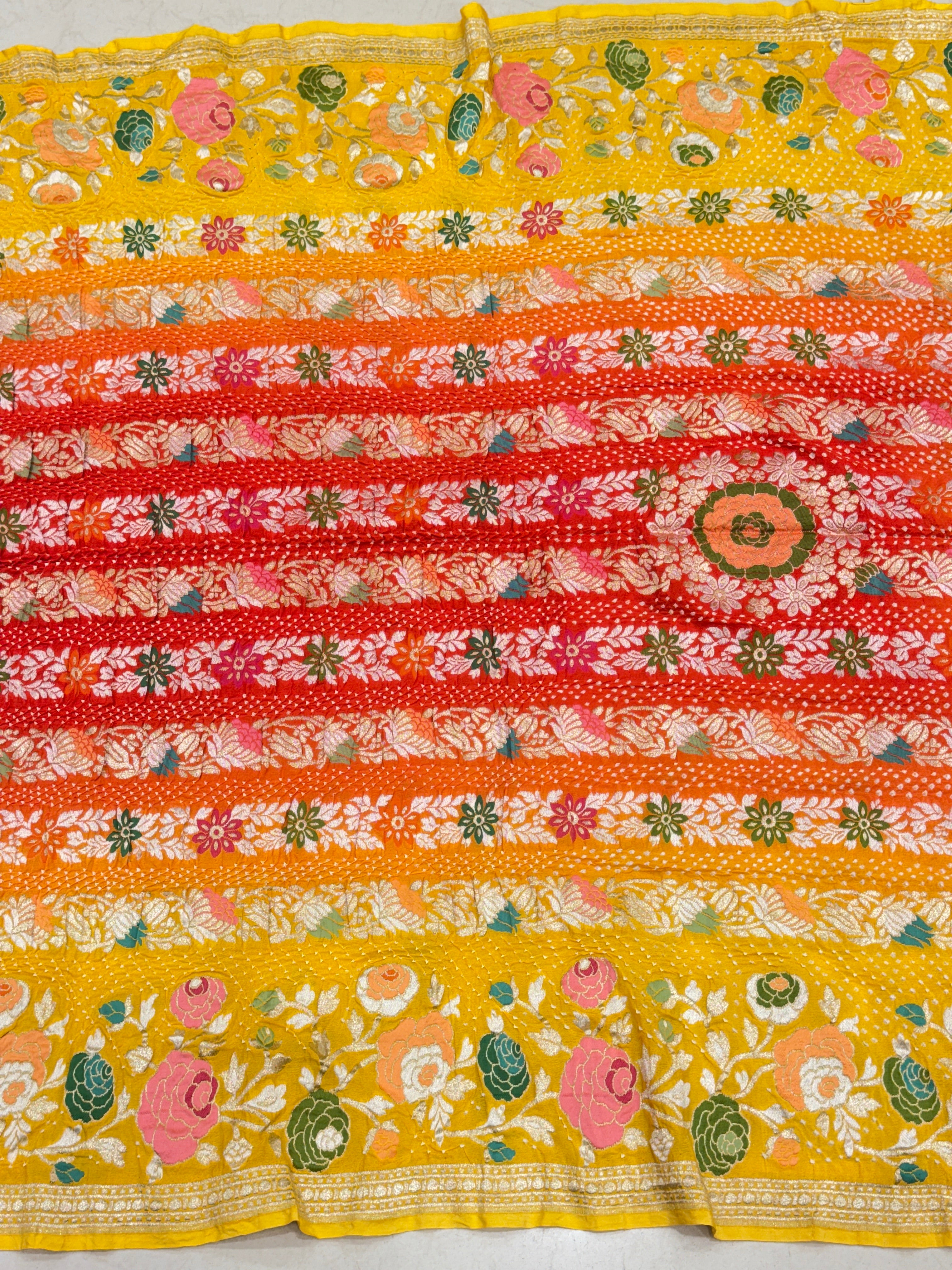 Yellow Red Shaded Floral Meenakari Rai Bandhej Georgette Bandhini Saree