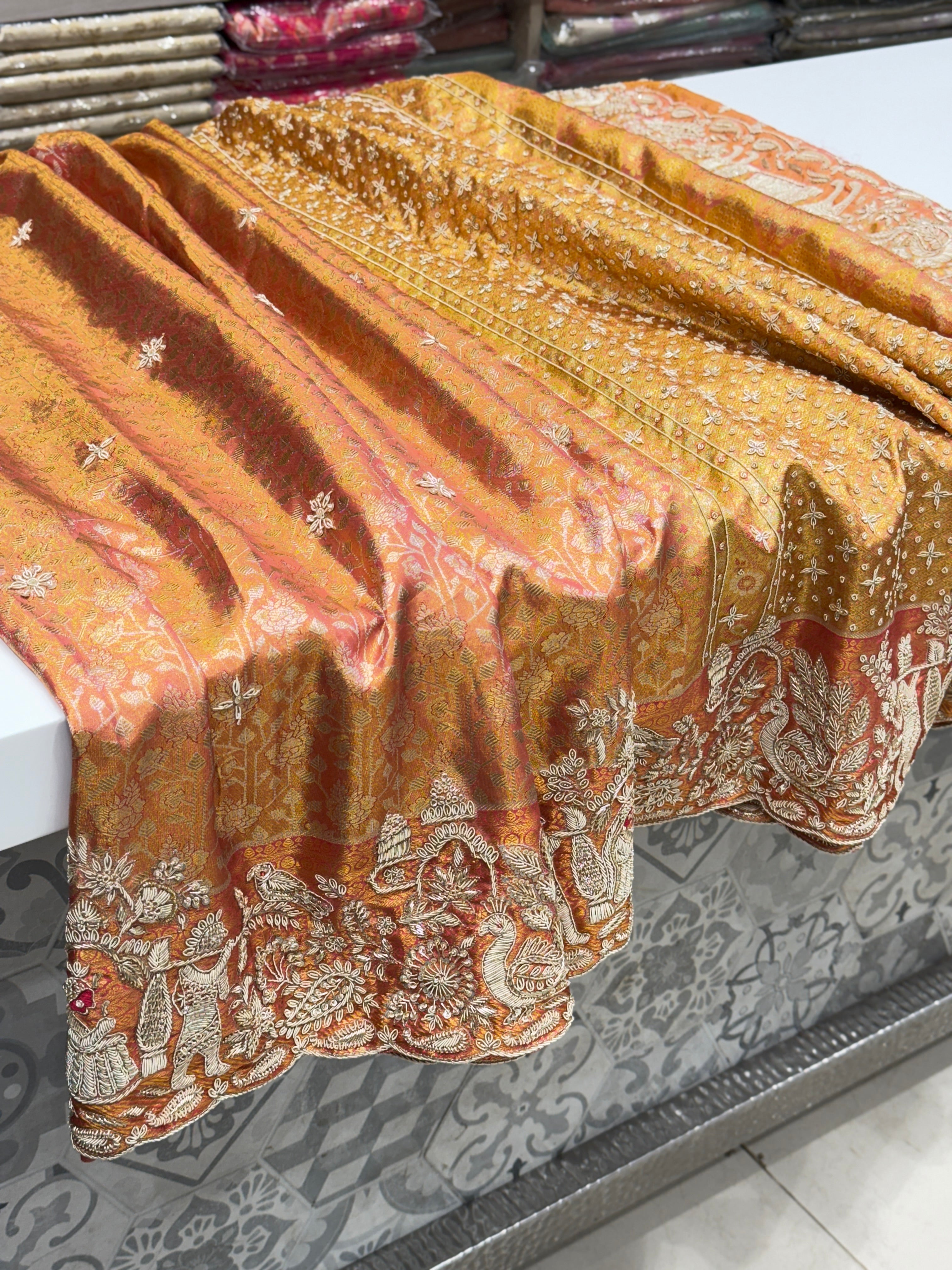 Rust Tissue Kanjivaram Zardosi Doli Hand Embroidery Saree