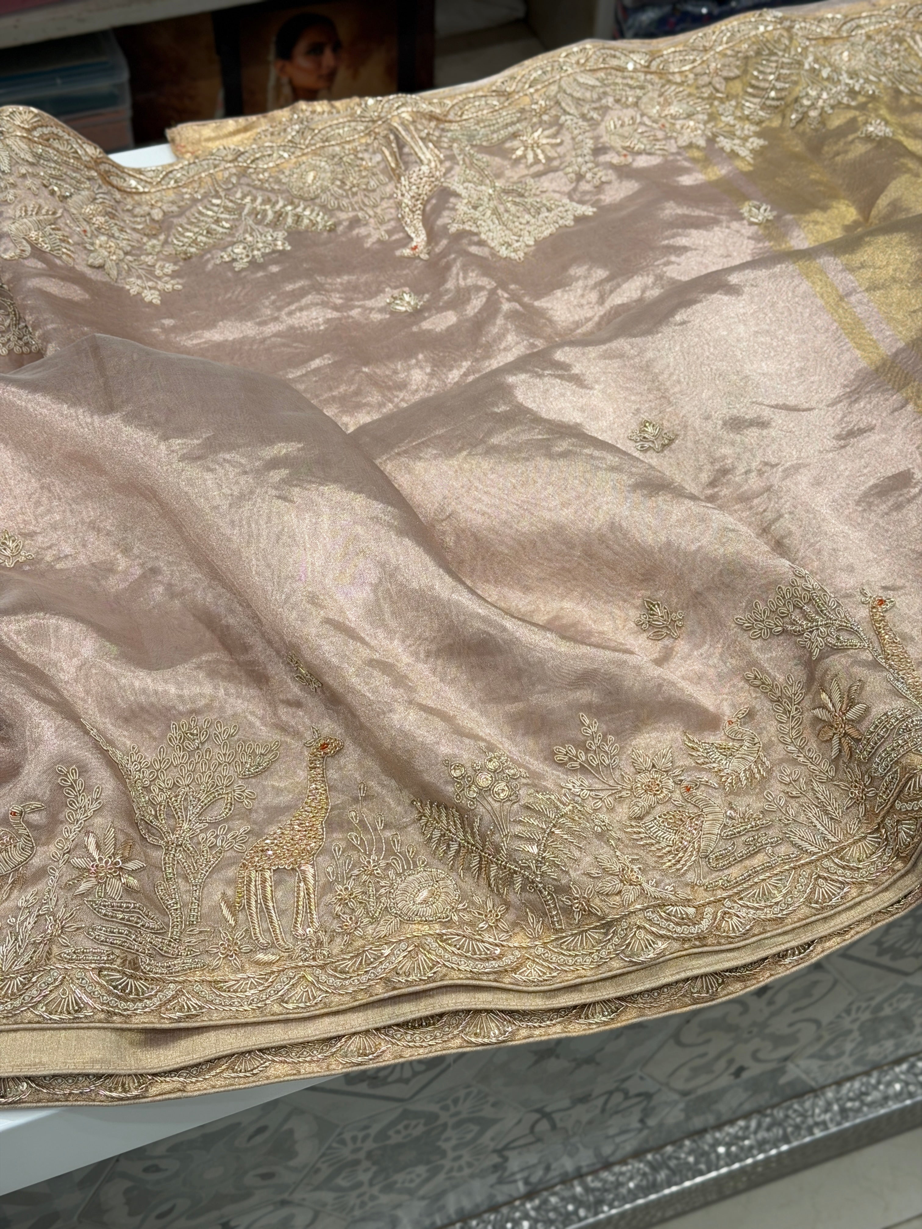 Rose Gold Tissue Parsi Style Zardosi Hand Embroidery Saree