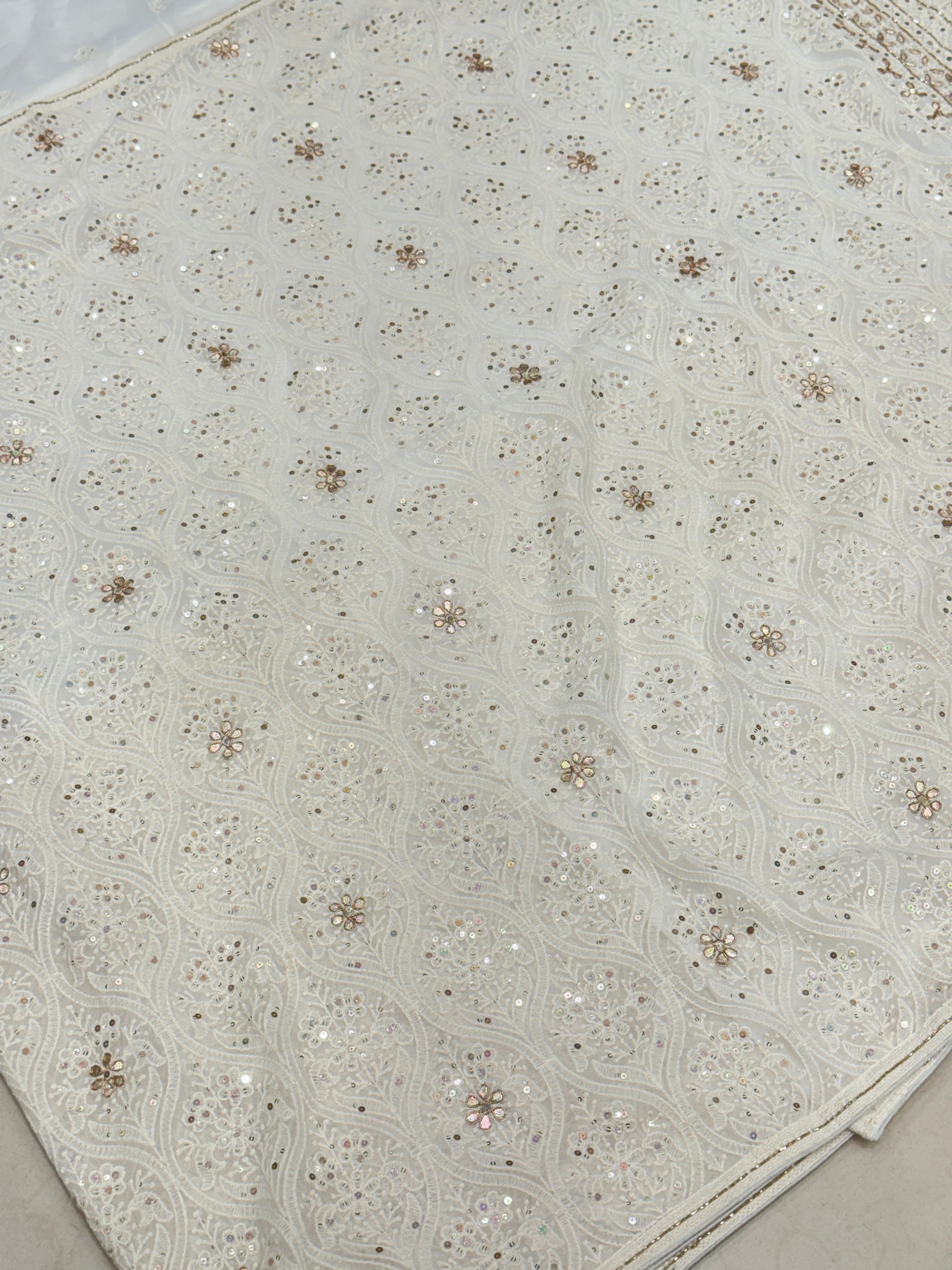White Chikankari Badam Design on Georgette with Cutdana Hand Embroidery